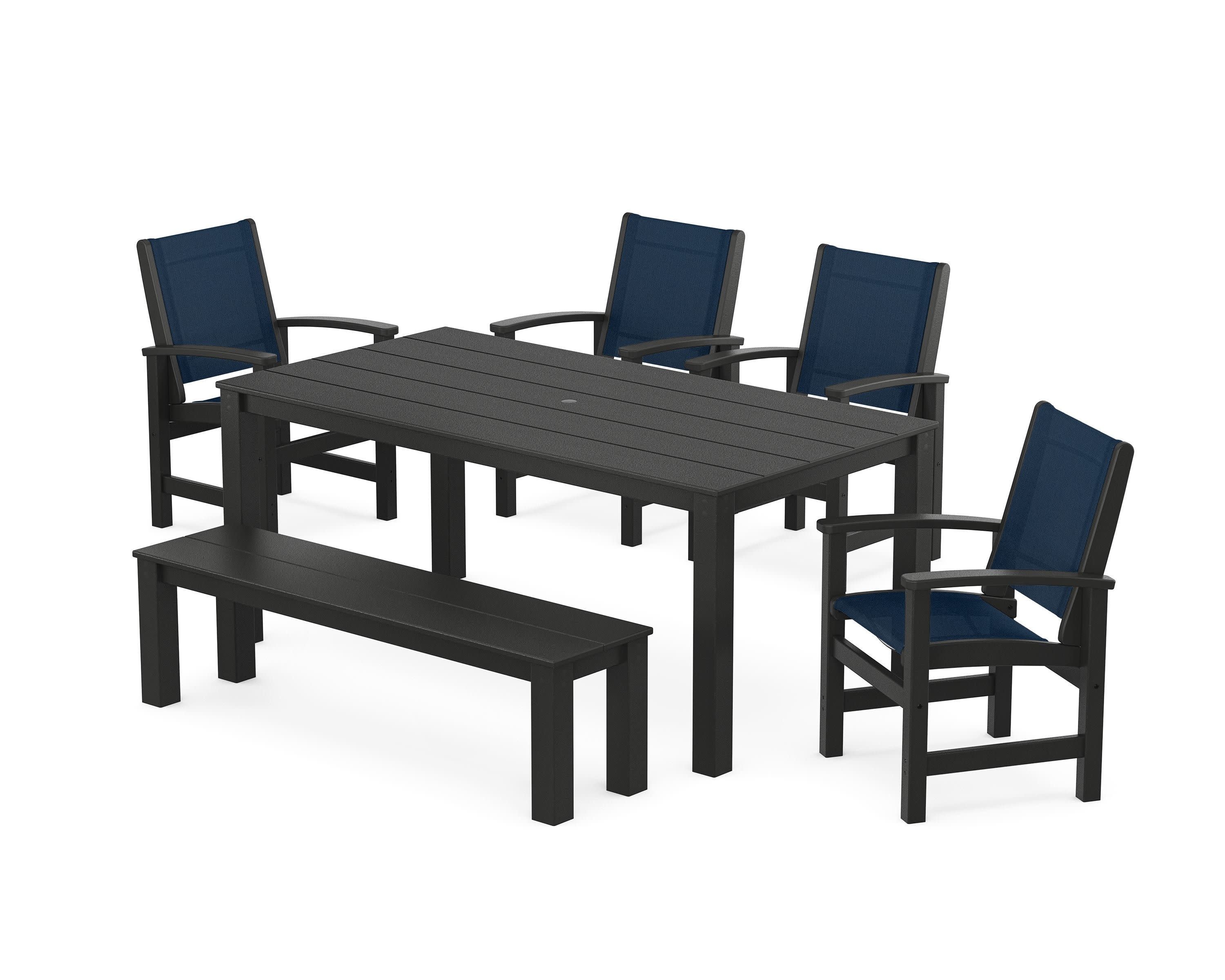 Coastal 6-Piece Parsons Dining Set with Bench in Black / Navy Blue Sling