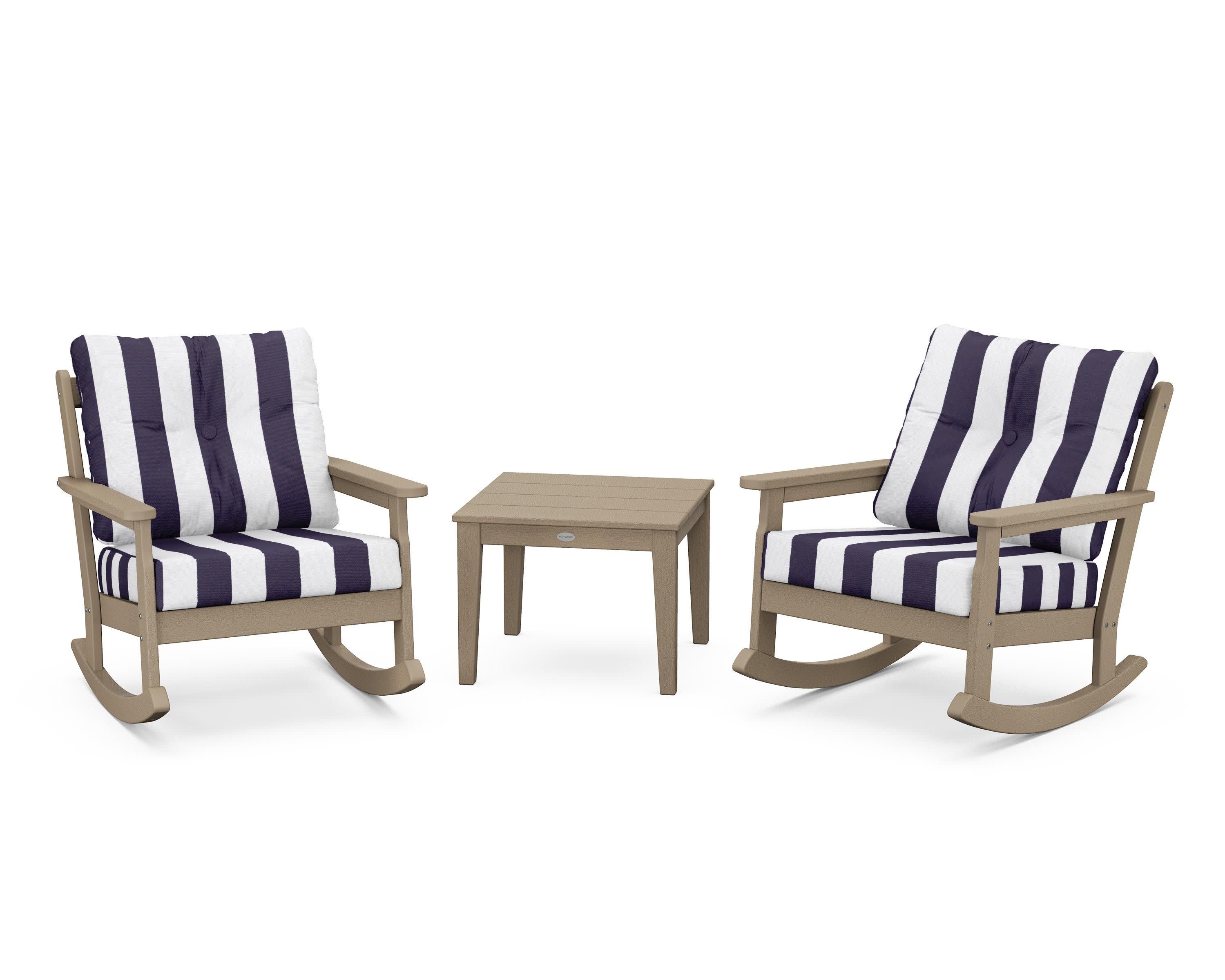 Vineyard 3-Piece Deep Seating Rocker Set in Vintage Sahara / Cabana Stripe Navy