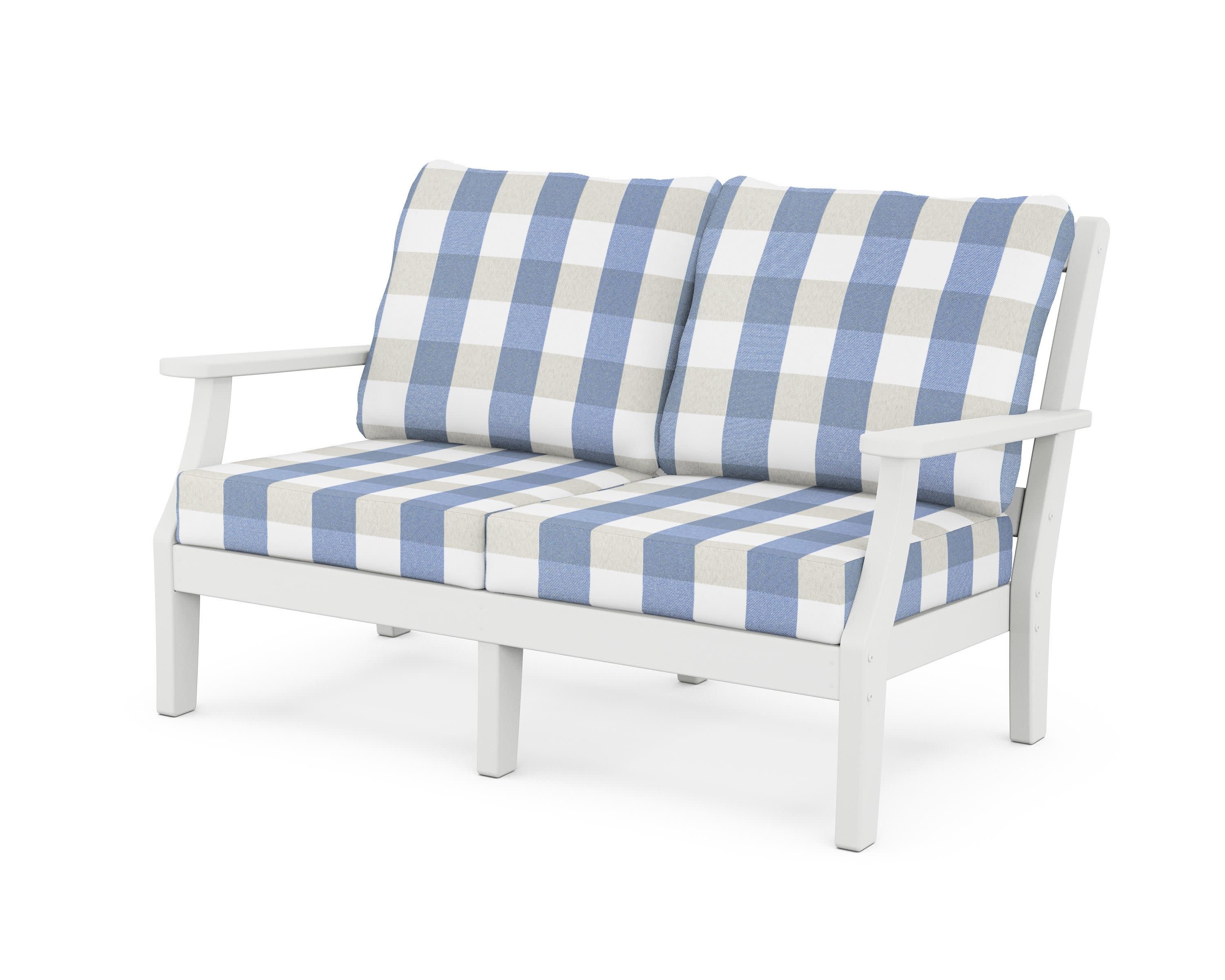 Chinoiserie Deep Seating Loveseat in White / Buffalo Plaid Sky Blue
