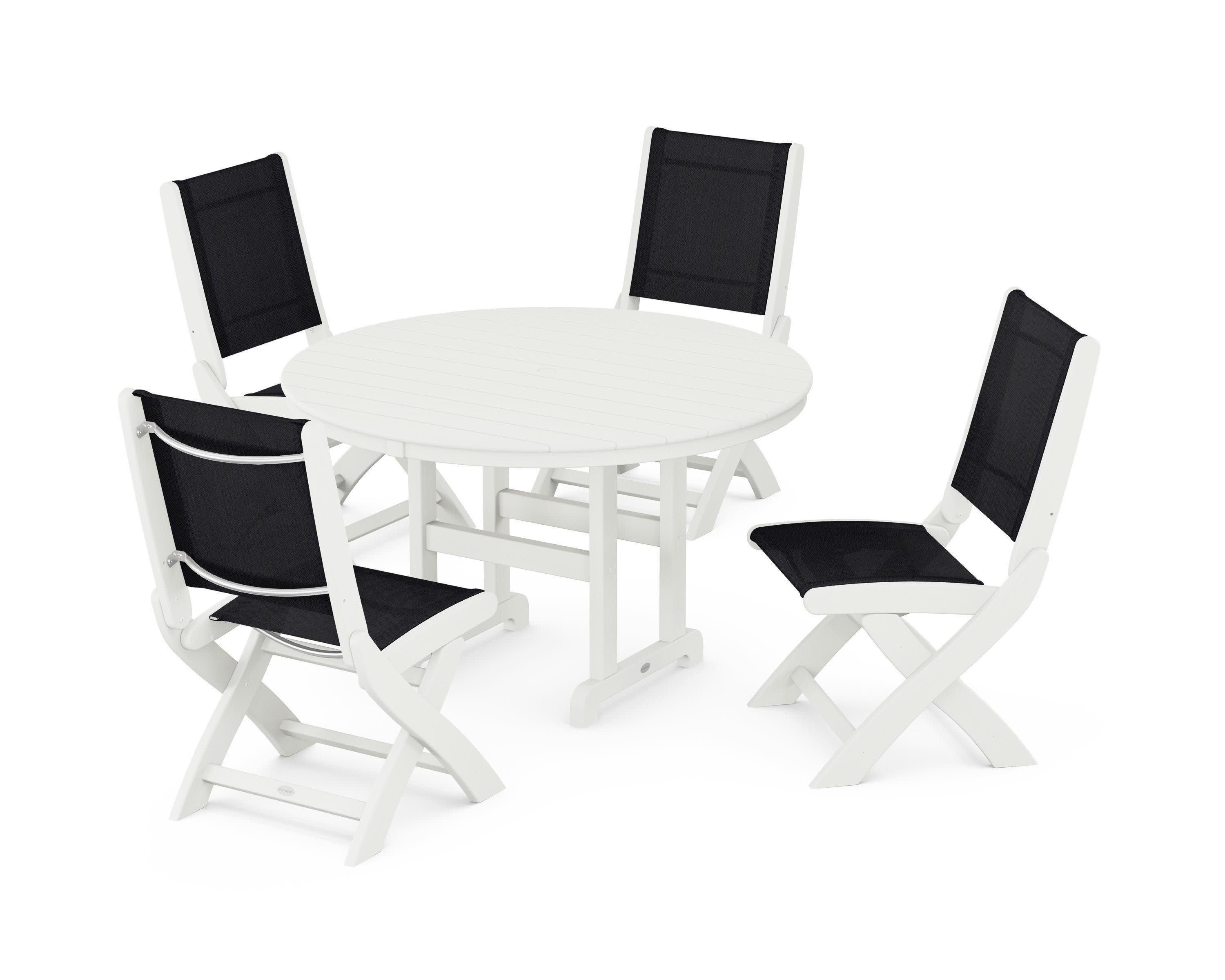 Coastal Folding Side Chair 5-Piece Round Dining Set in Vintage White / Black Sling