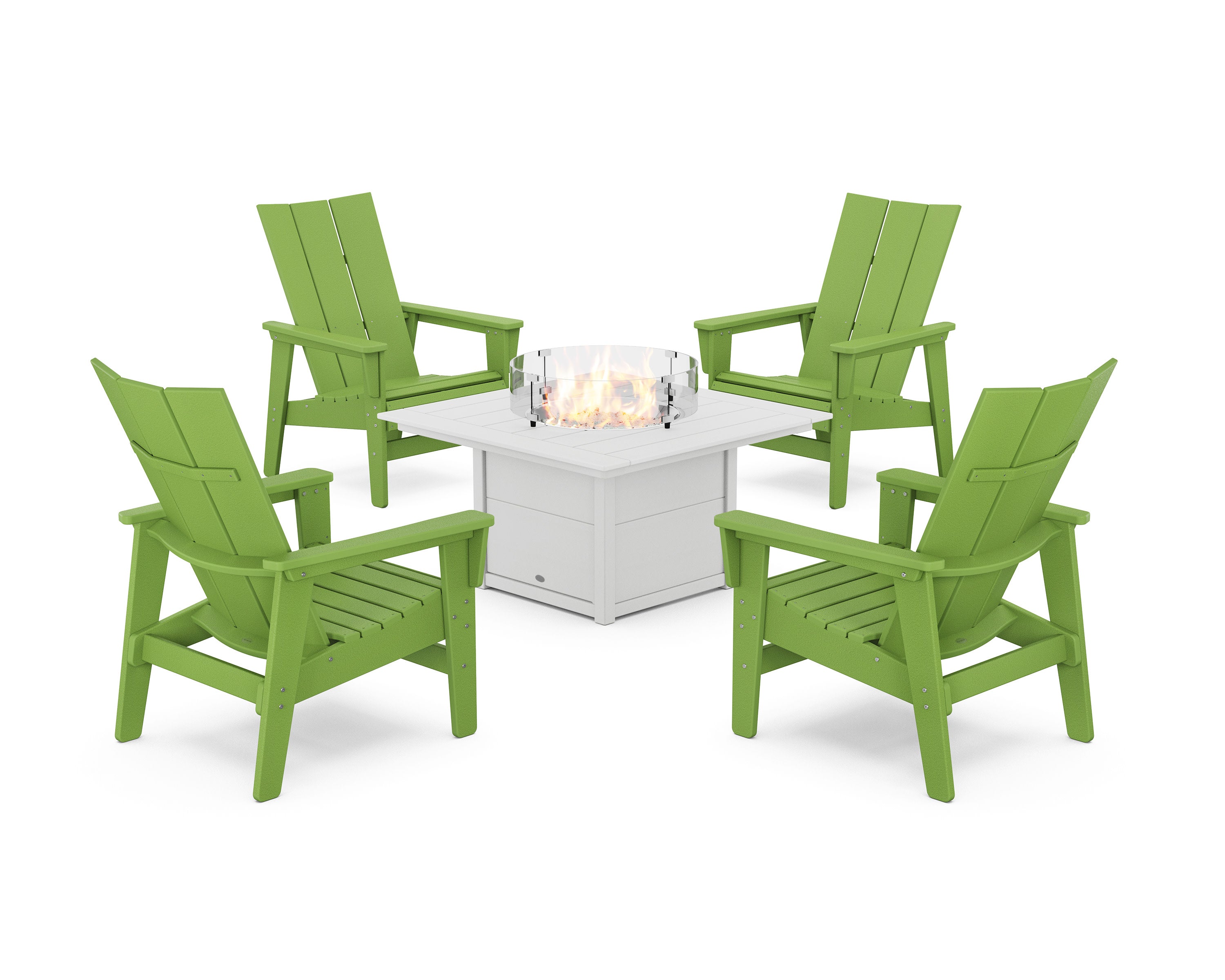 5-Piece Modern Grand Upright Adirondack Conversation Set with Fire Pit Table in Lime / White