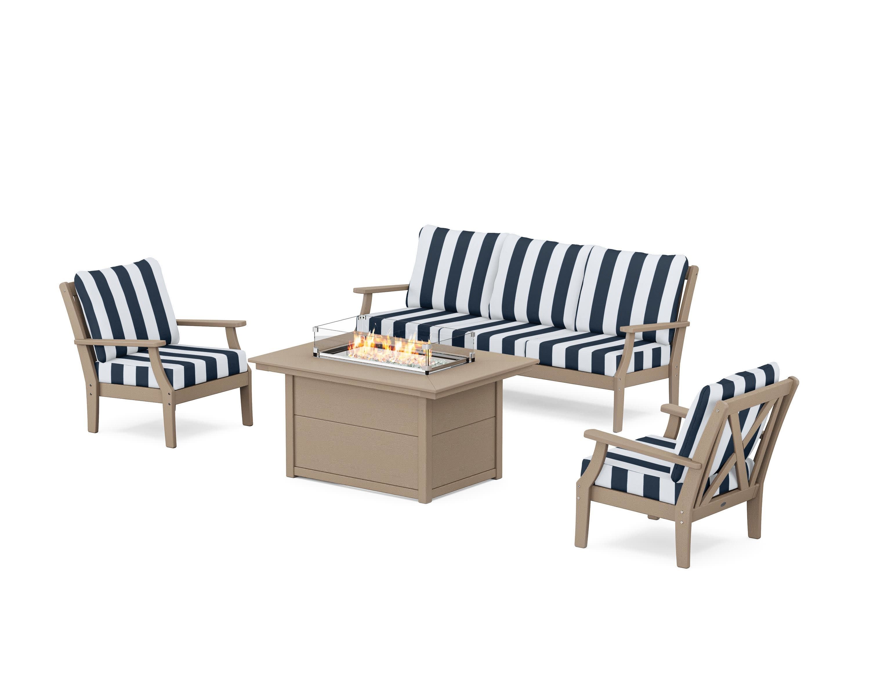 Braxton Deep Seating Fire Pit Table Set in Vintage Sahara / Cabana Stripe Marine Indigo