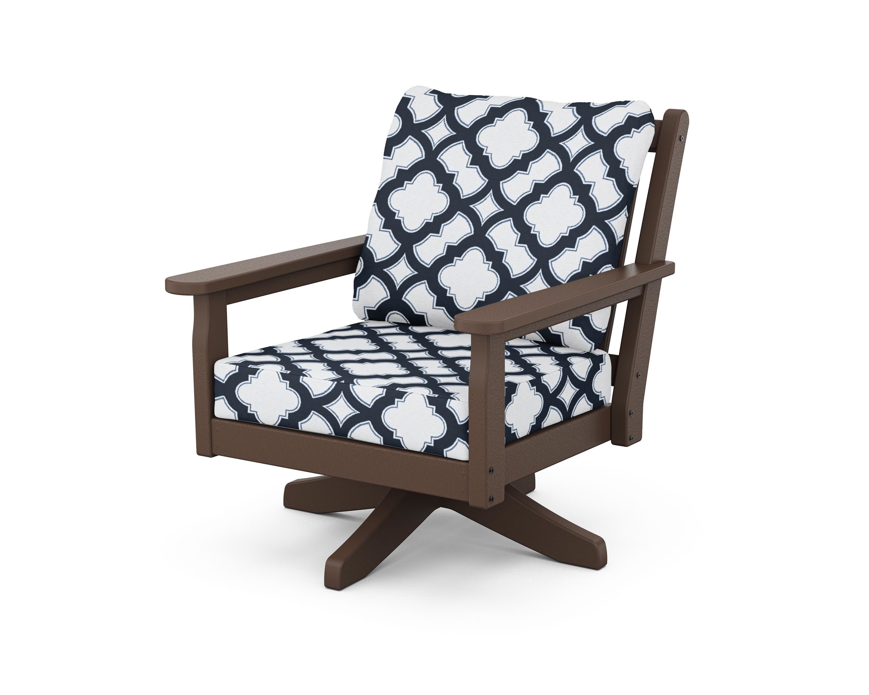 Chippendale Deep Seating Swivel Chair in Mahogany / Trellis Marine Indigo