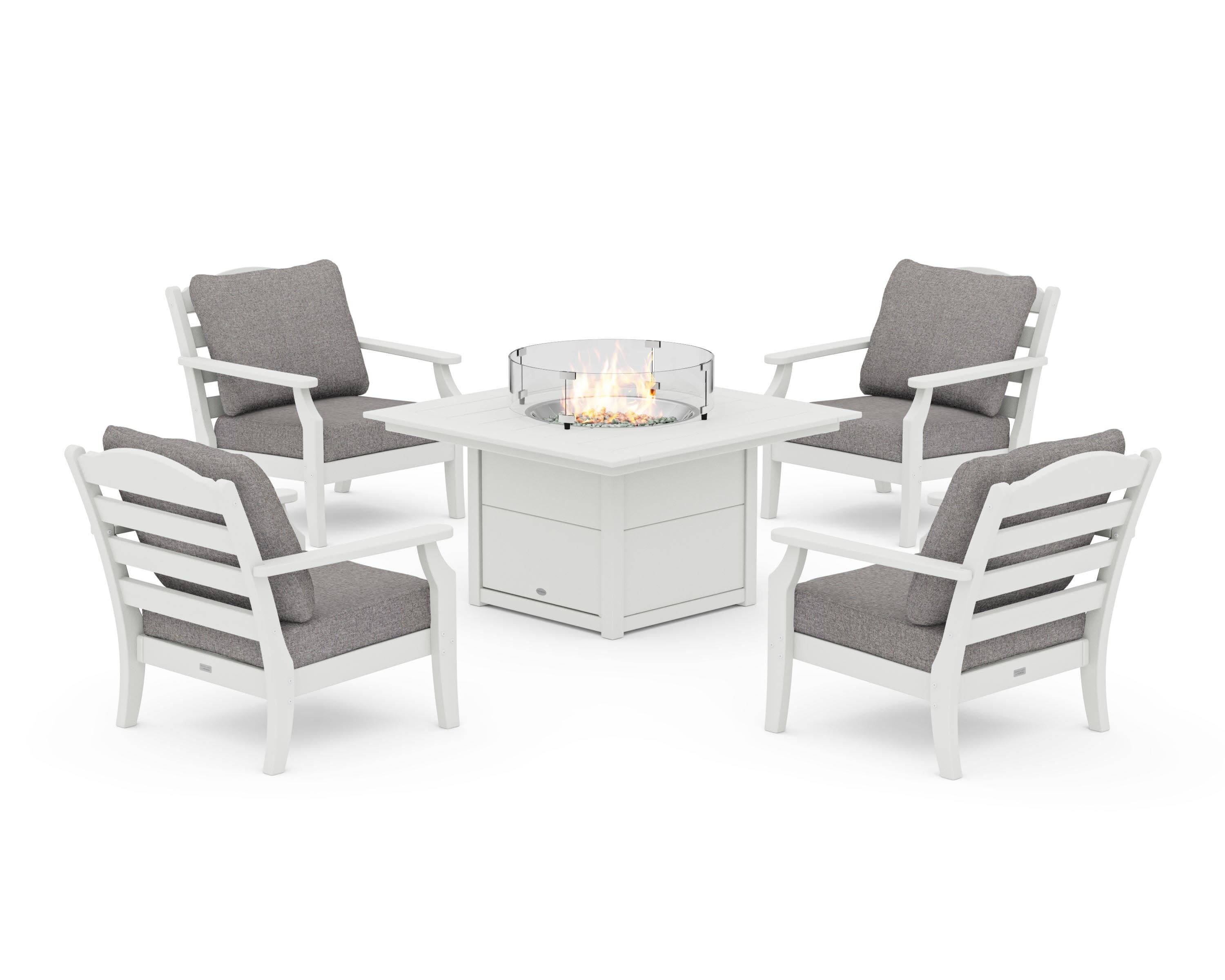 Savannah 5-Piece Deep Seating Set with Fire Pit Table in Vintage White / Grey Mist