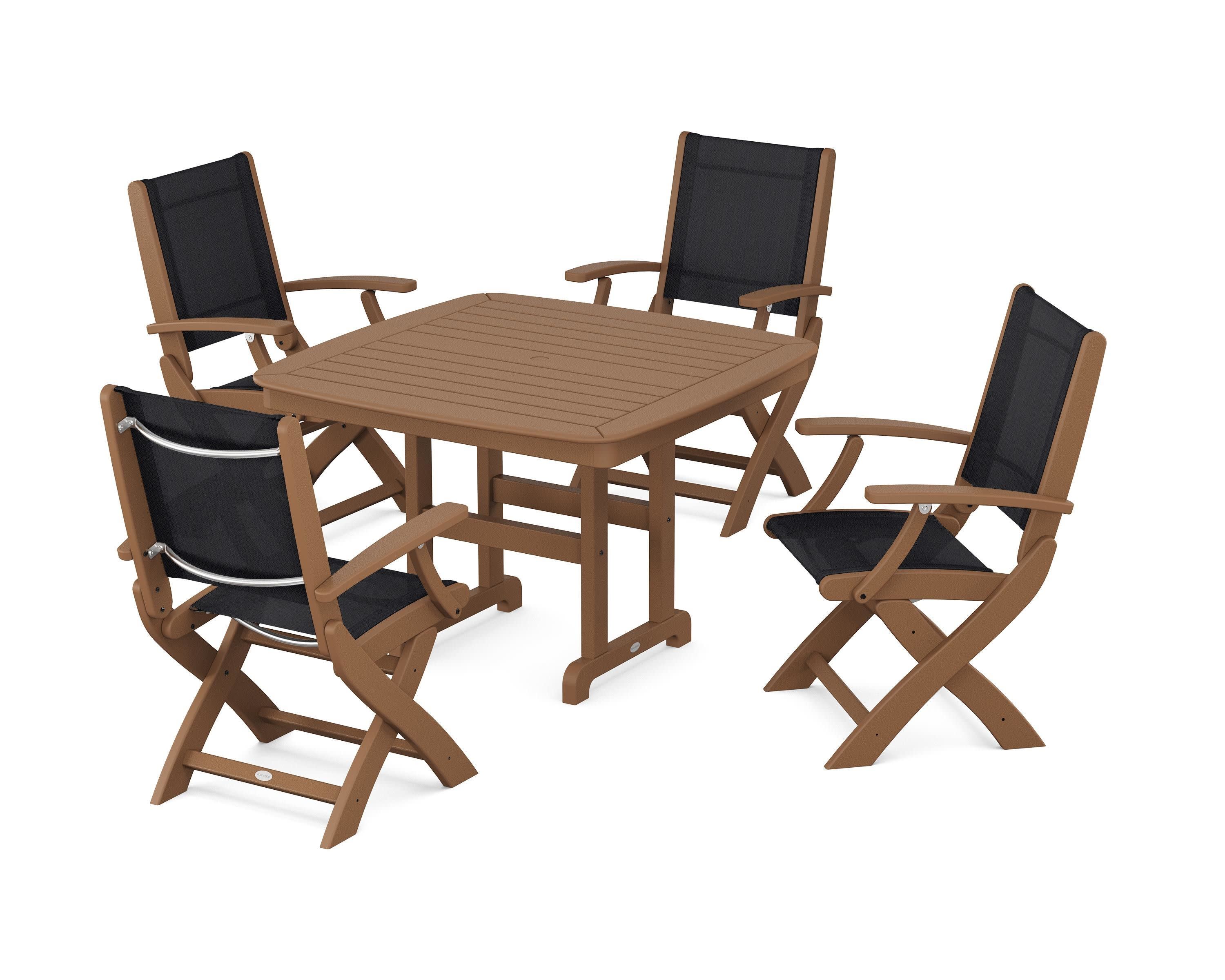 Coastal Folding Chair 5-Piece Dining Set in Teak / Black Sling