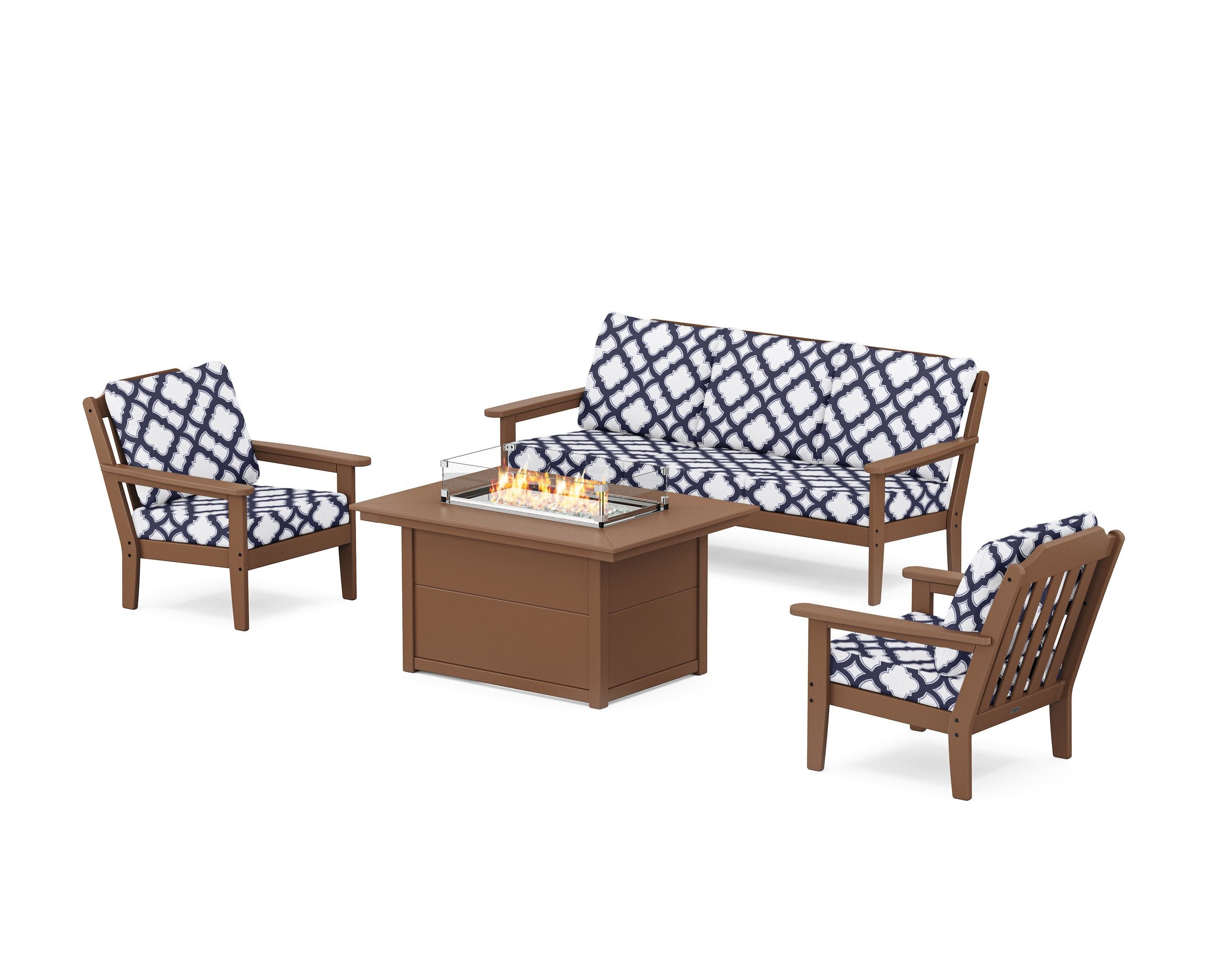 Cottage Deep Seating Fire Pit Table Set in Teak / Trellis Navy