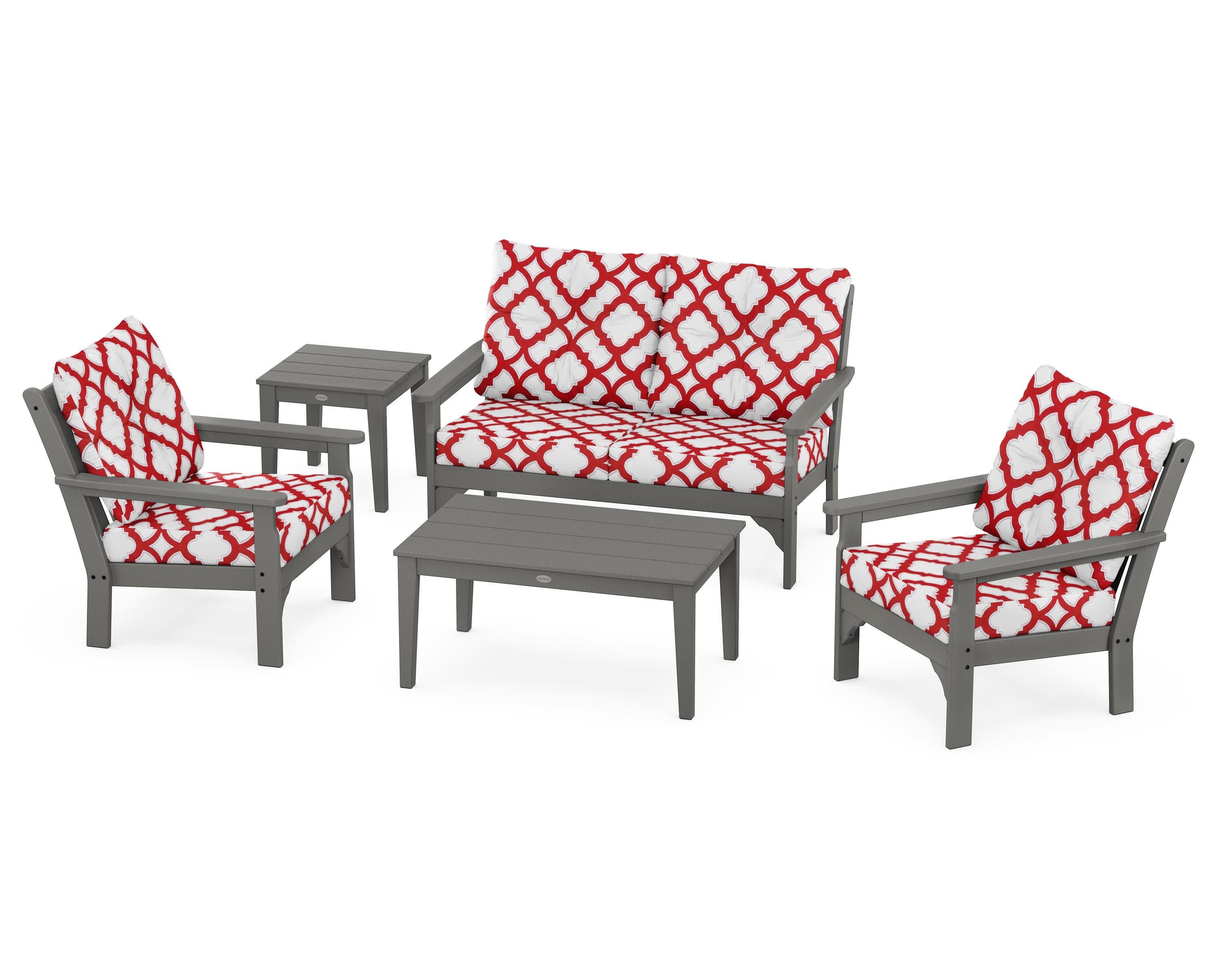 Vineyard 5-Piece Deep Seating Set in Slate Grey / Trellis Crimson