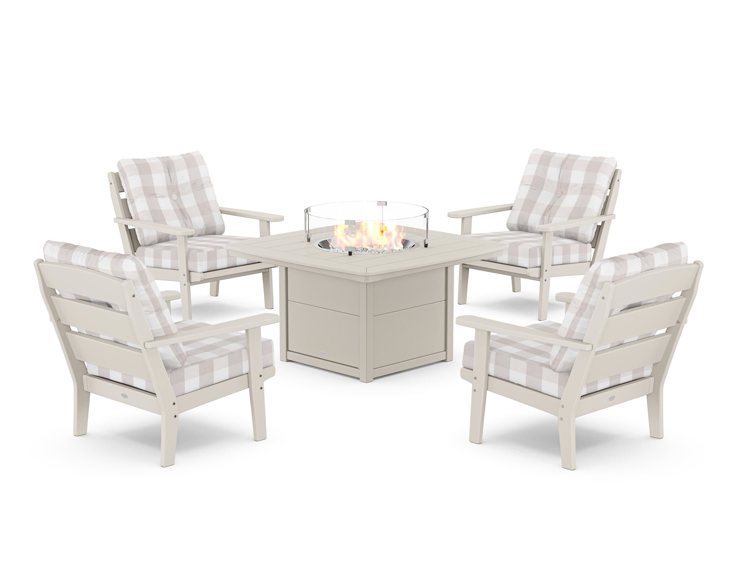 Lakeside 5-Piece Deep Seating Set with Nautical Fire Pit Table in Sand / Buffalo Plaid Dune Burlap