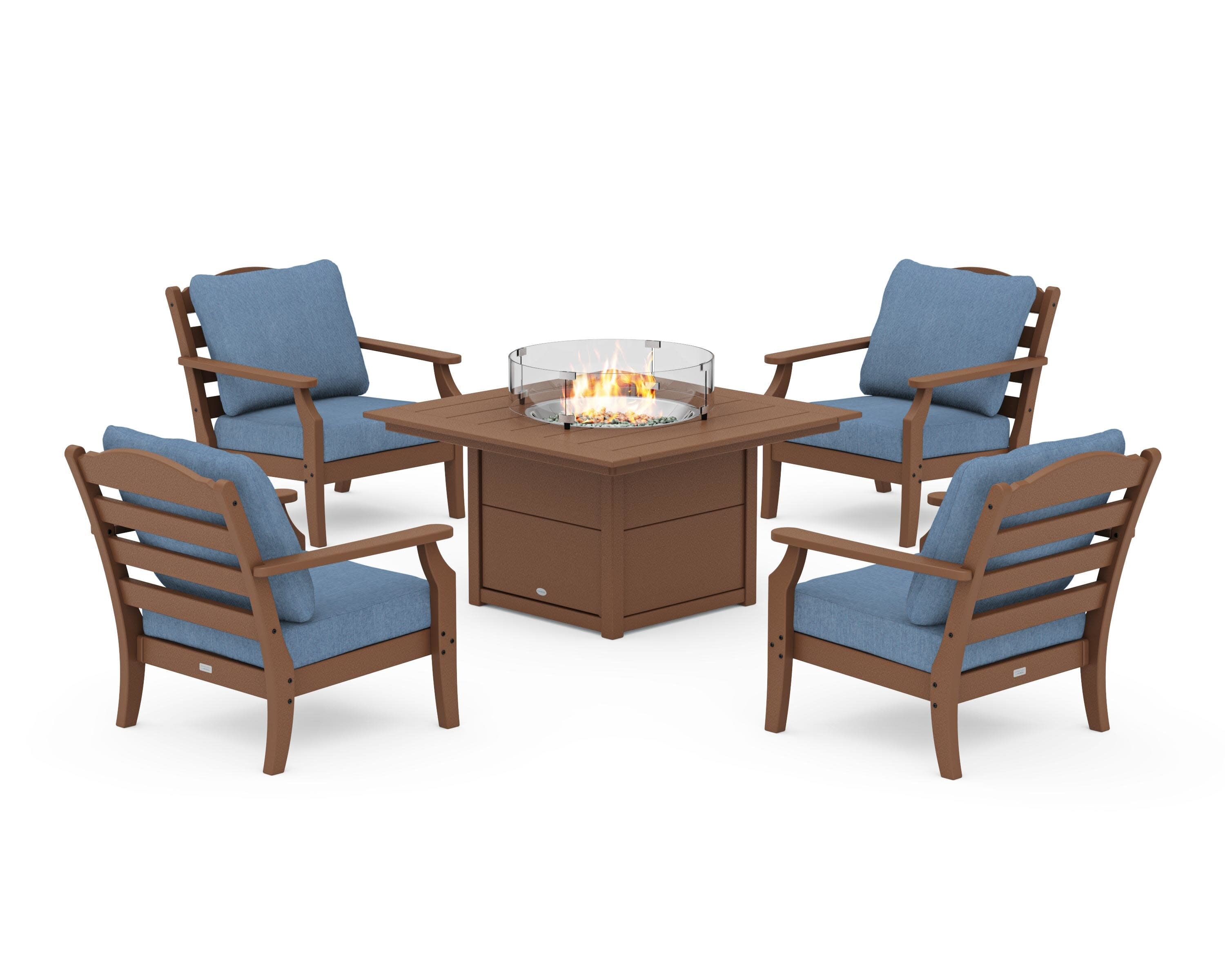 Savannah 5-Piece Deep Seating Set with Fire Pit Table in Teak / Sky Blue