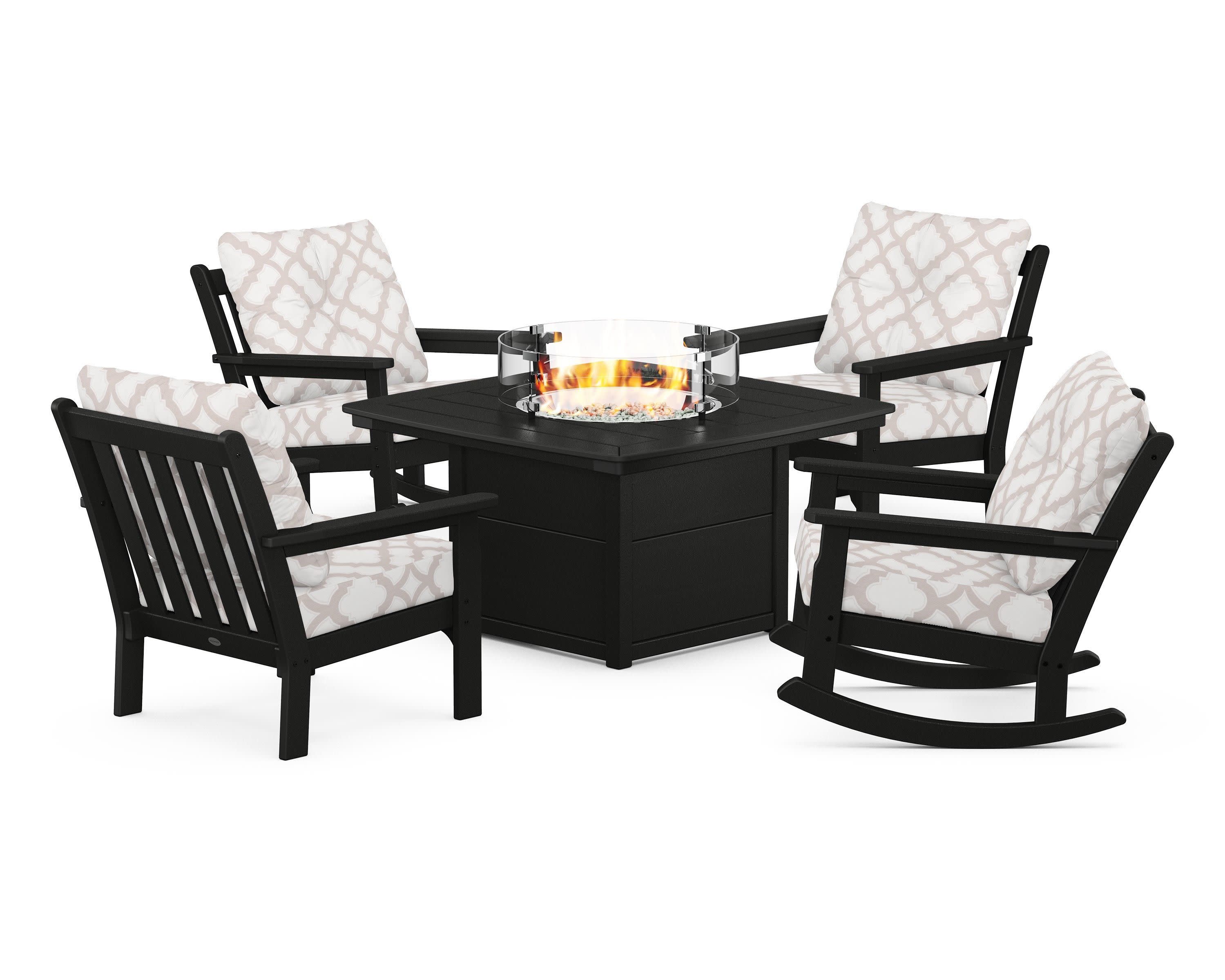 Vineyard 5-Piece Deep Seating Rocking Chair Conversation Set with Fire Pit Table in Black / Trellis Dune Burlap