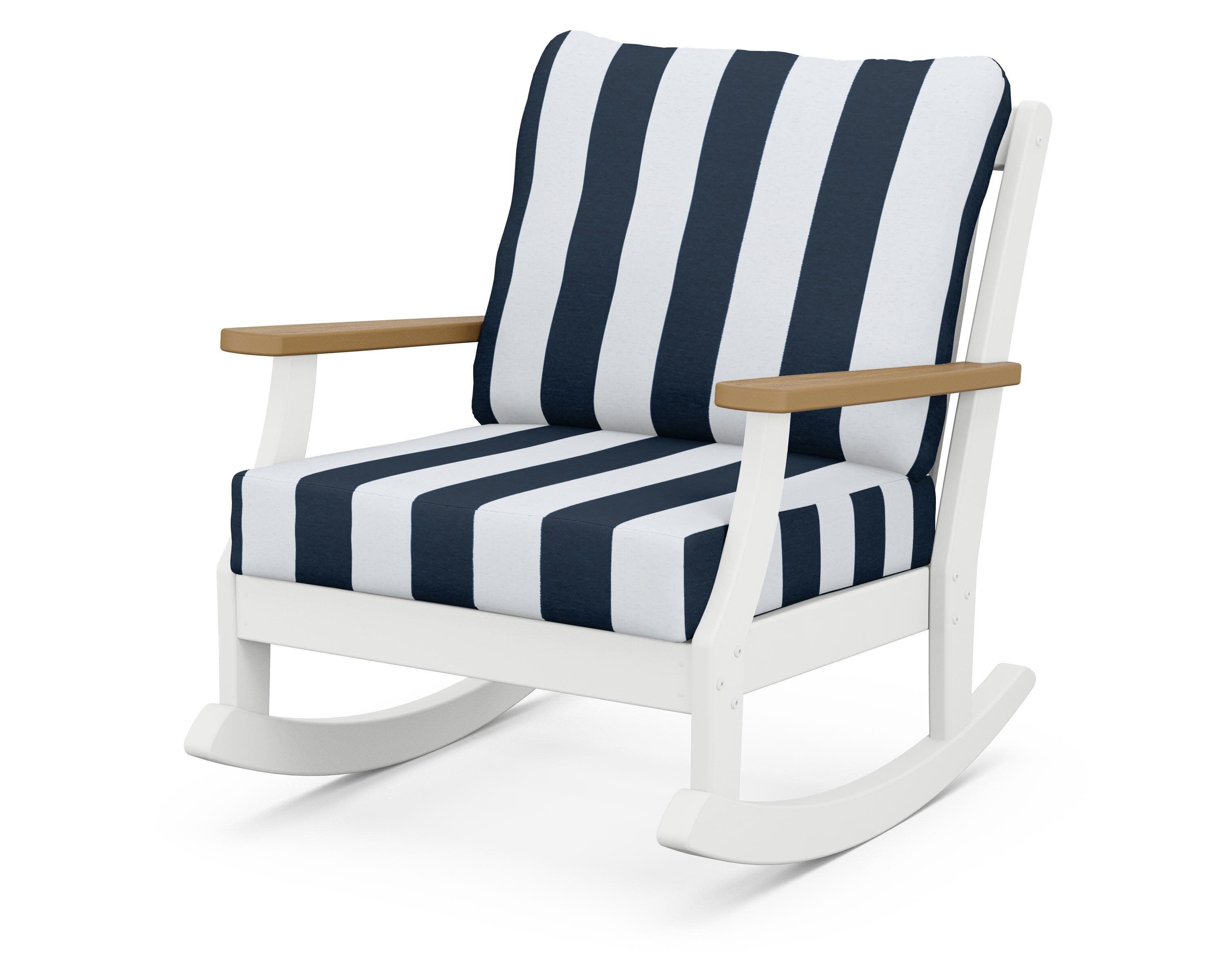 Braxton Deep Seating Rocking Chair in White / Natural / Cabana Stripe Marine Indigo