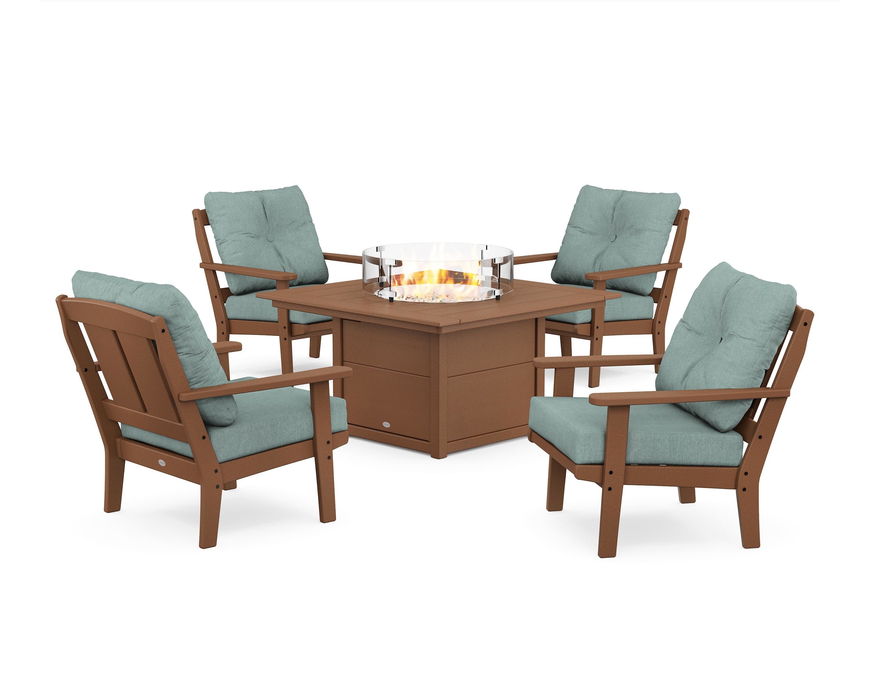 Mission 5-Piece Deep Seating Set with Fire Pit Table in Teak / Glacier Spa