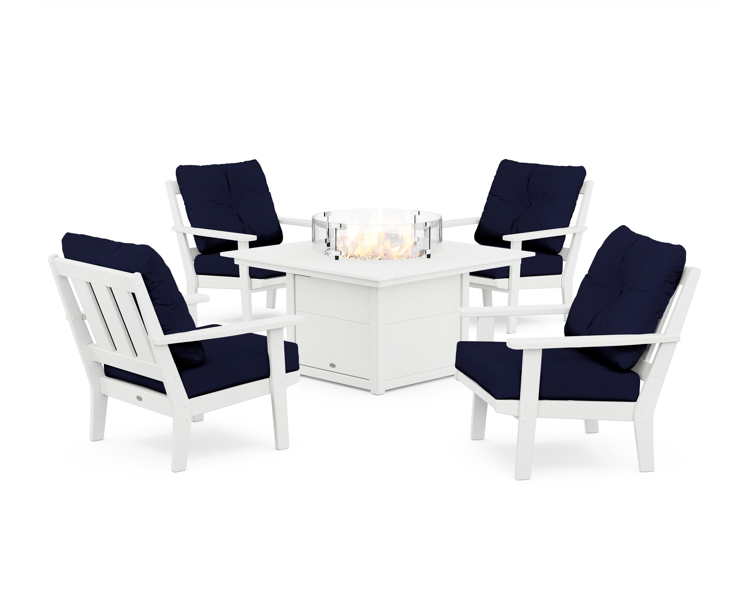 Oxford 5-Piece Deep Seating Set with Fire Pit Table in White / Navy