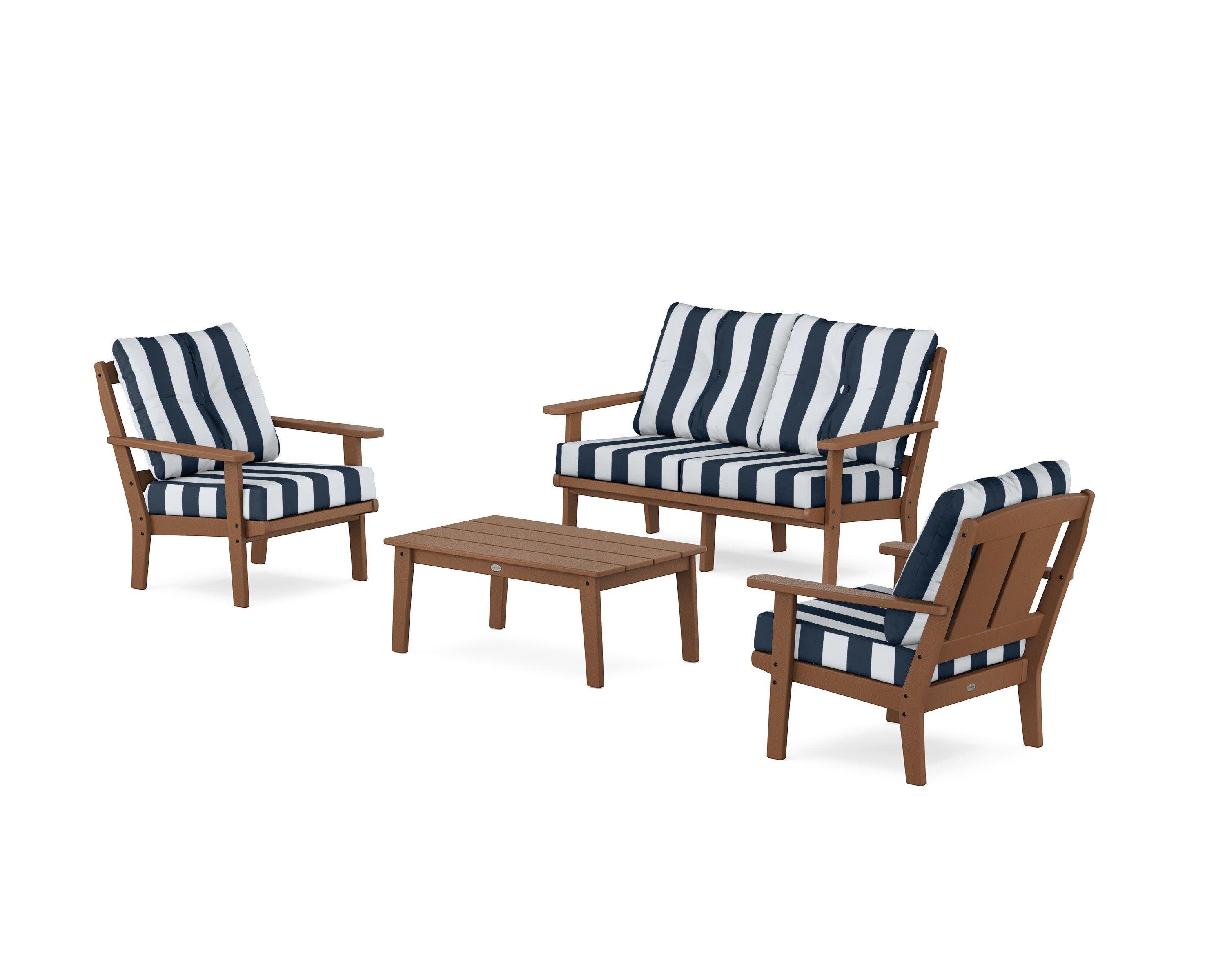 Mission 4-Piece Deep Seating Set with Loveseat in Teak / Cabana Stripe Marine Indigo