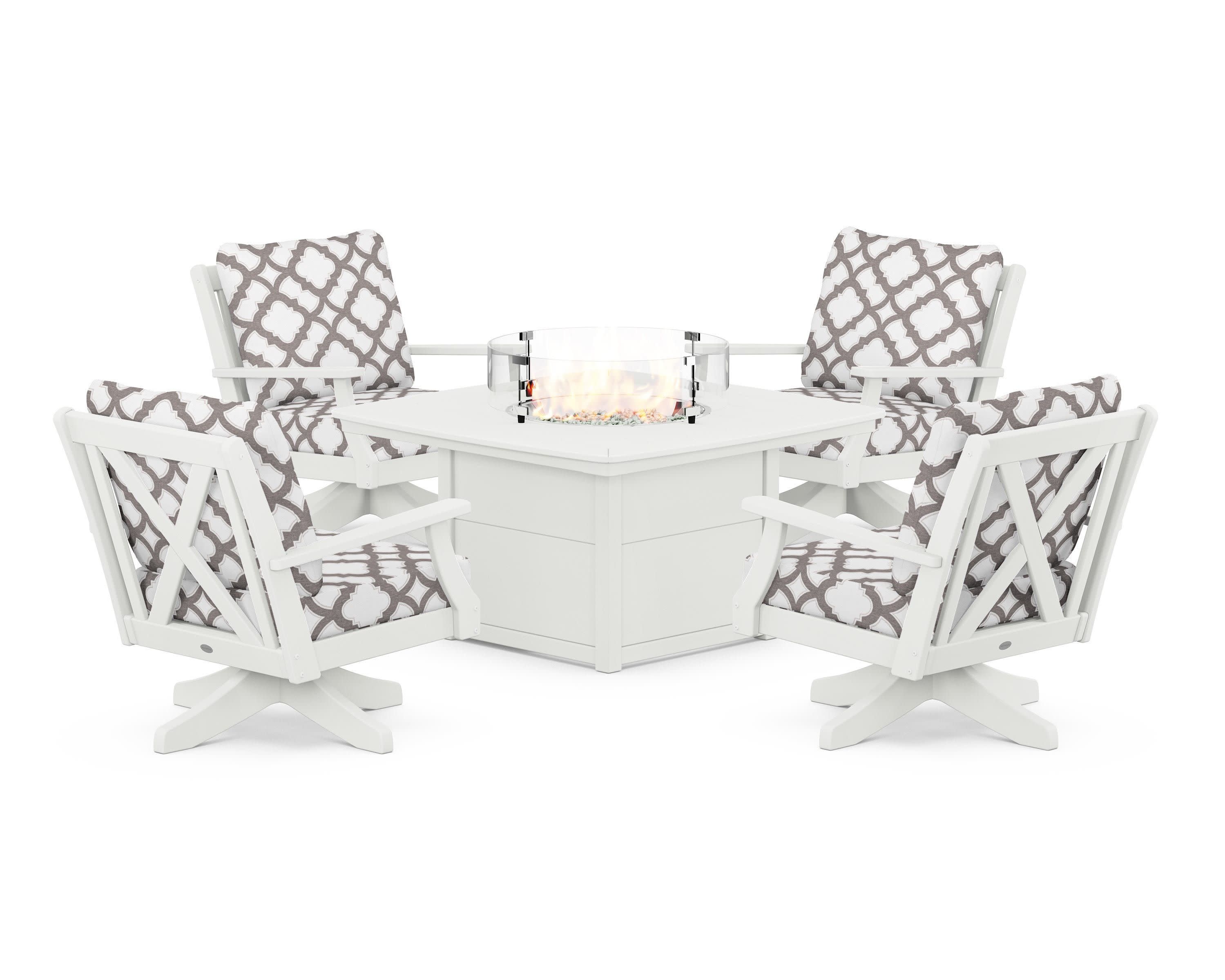 Braxton 5-Piece Deep Seating Swivel Conversation Set with Fire Pit Table in Vintage White / Trellis Grey Mist