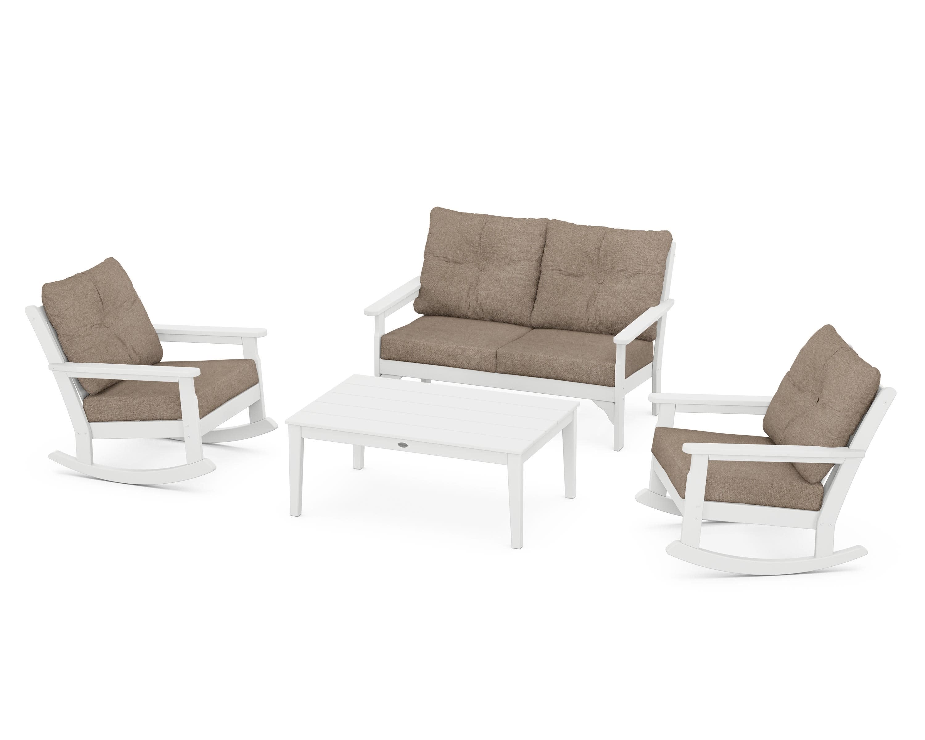 Vineyard 4-Piece Deep Seating Rocking Chair Set in White / Spiced Burlap