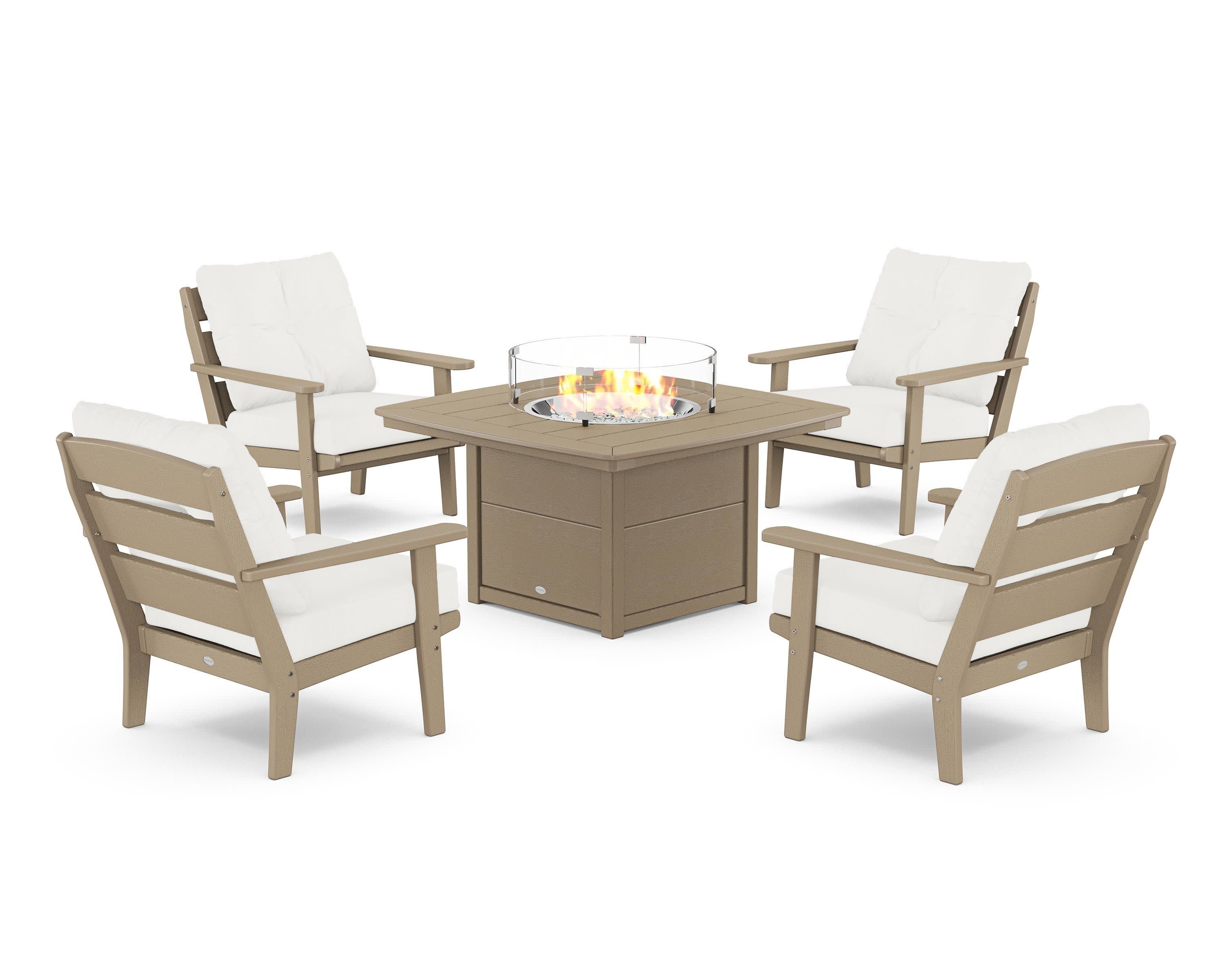 Lakeside 5-Piece Deep Seating Set with Nautical Fire Pit Table in Vintage Sahara / Natural Linen