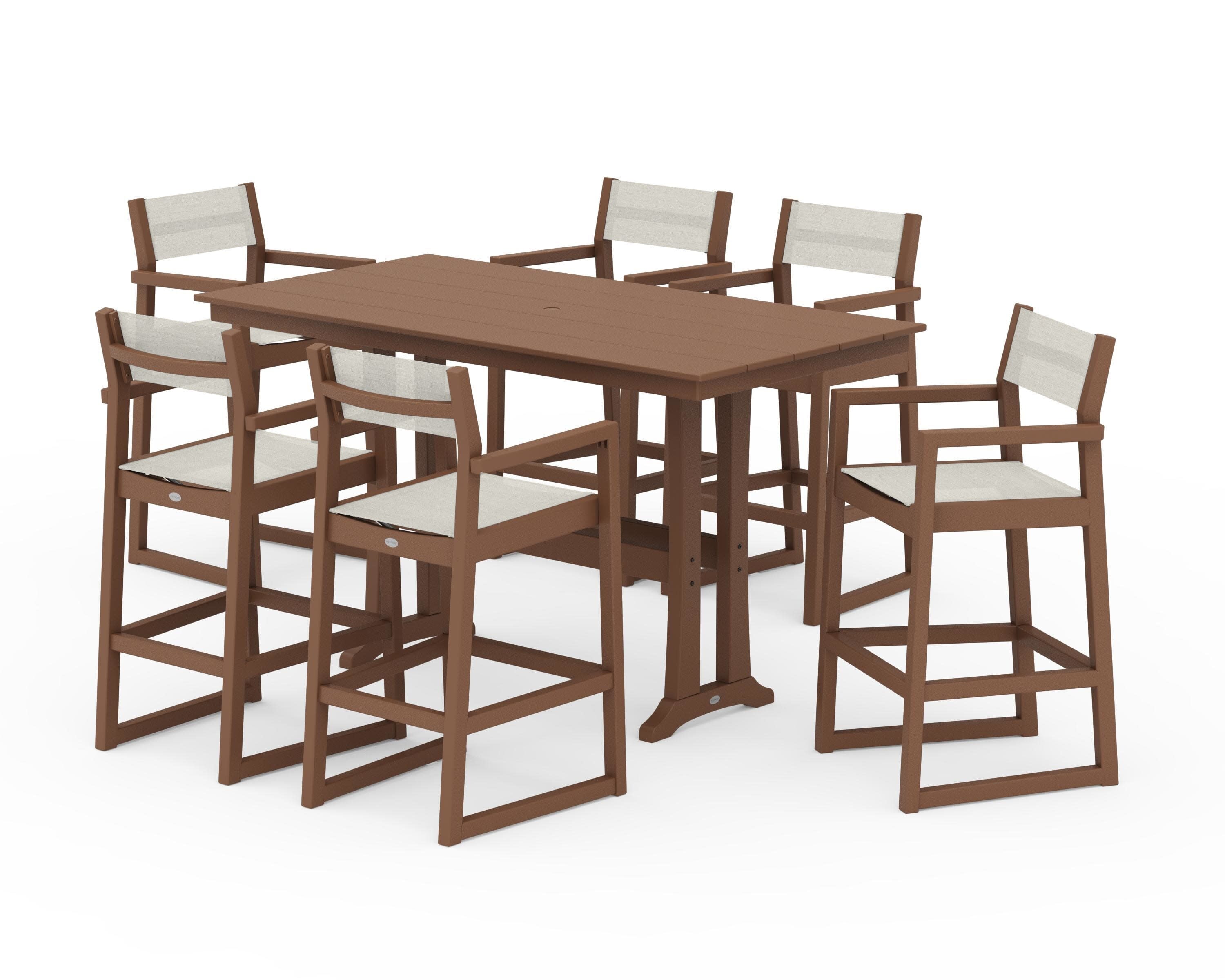 EDGE Sling Arm Chair 7-Piece Farmhouse Bar Set with Trestle Legs in Teak / Parchment Sling