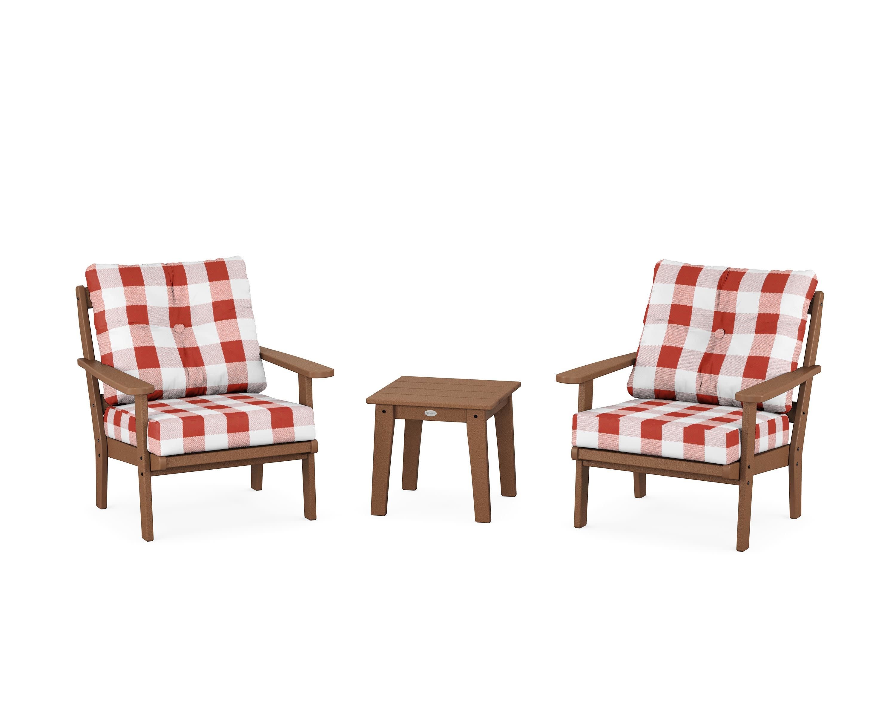 Mission 3-Piece Deep Seating Set in Teak / Buffalo Plaid Crimson