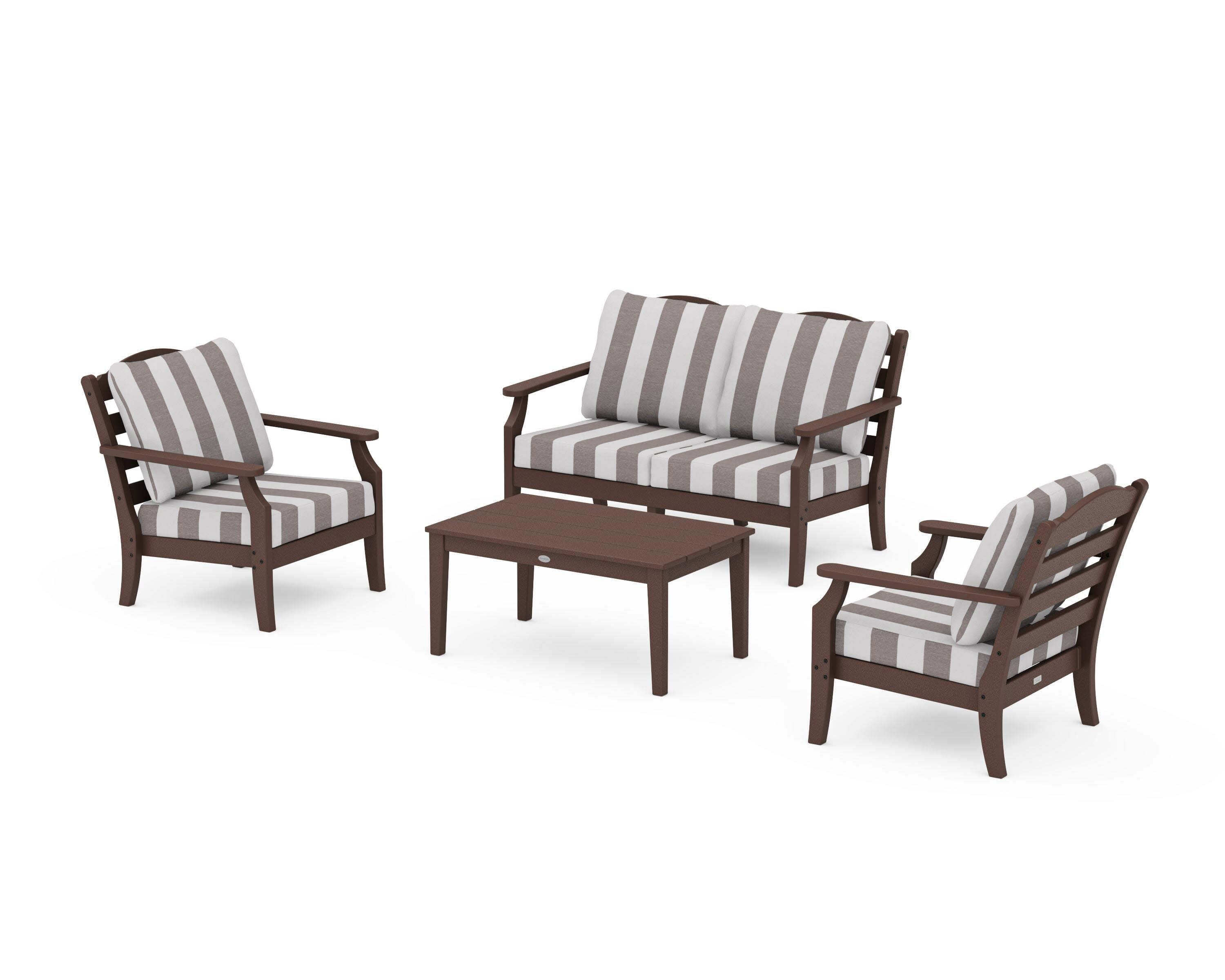 Savannah 4-Piece Deep Seating Set with Loveseat in Mahogany / Cabana Stripe Grey Mist