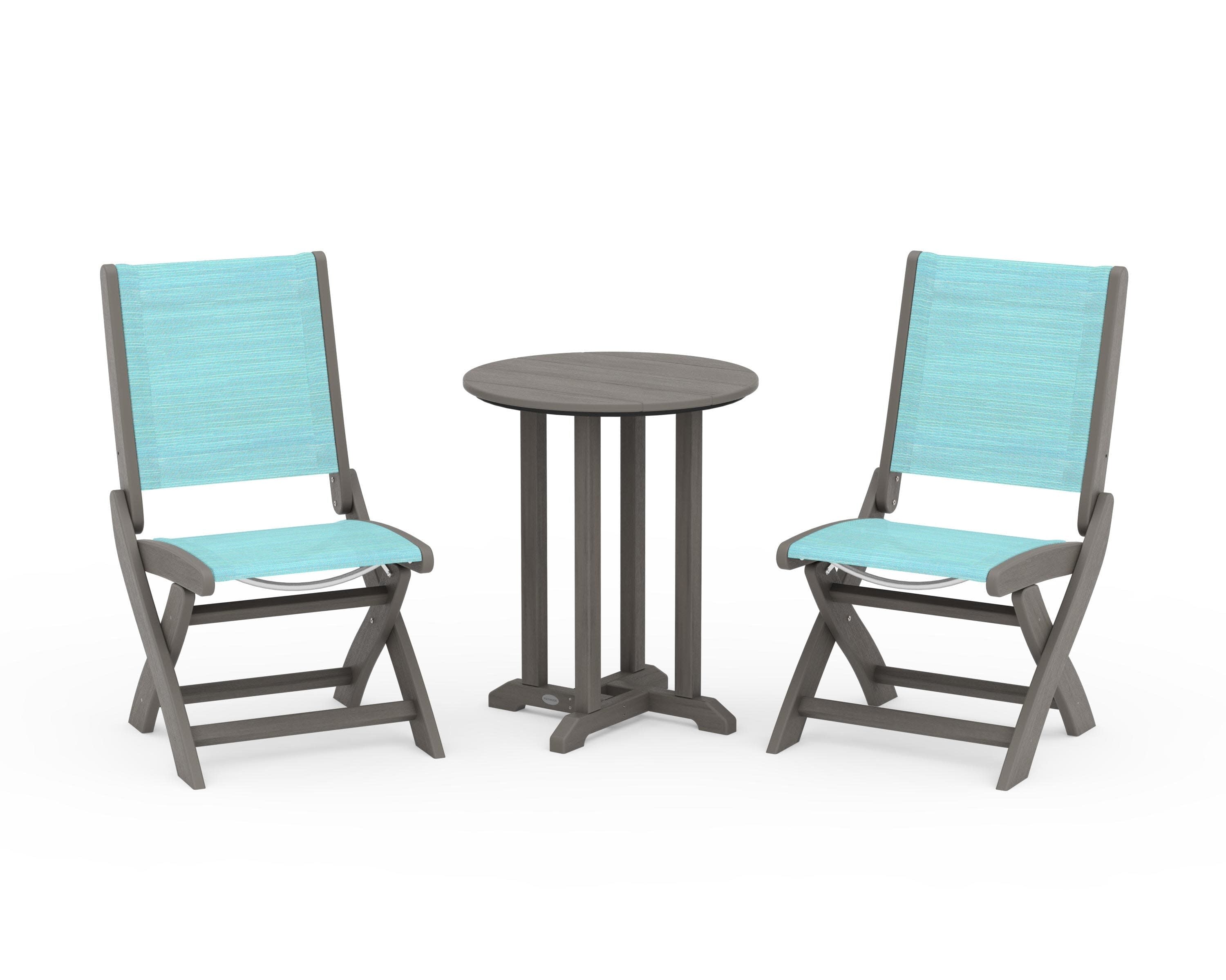 Coastal Folding Side Chair 3-Piece Round Bistro Dining Set in Driftwood / Dupioni Aquamarine Sling