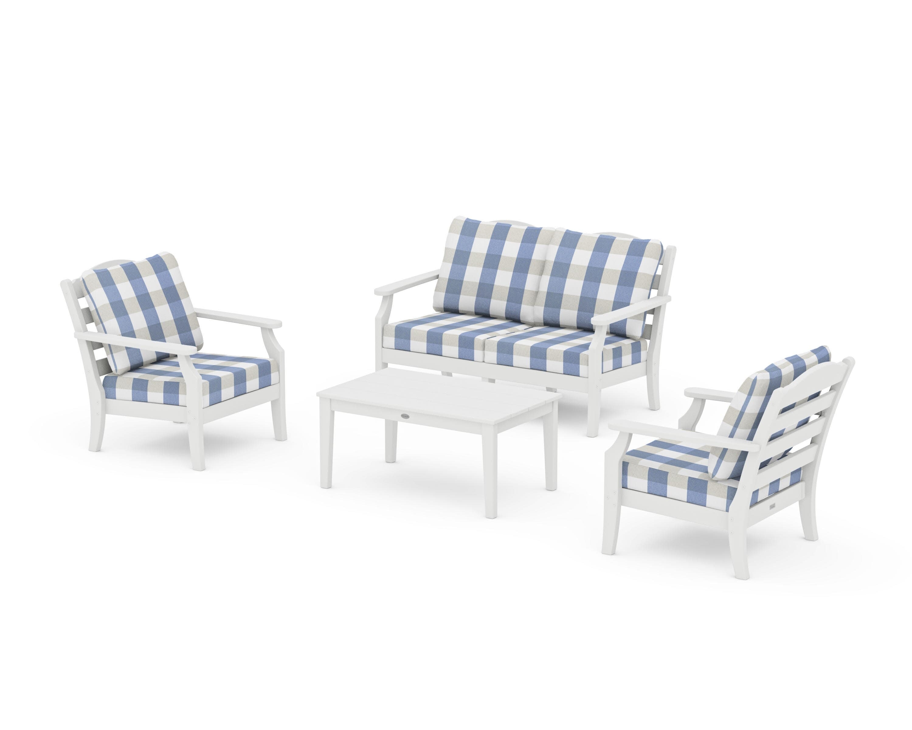 Savannah 4-Piece Deep Seating Set with Loveseat in White / Buffalo Plaid Sky Blue