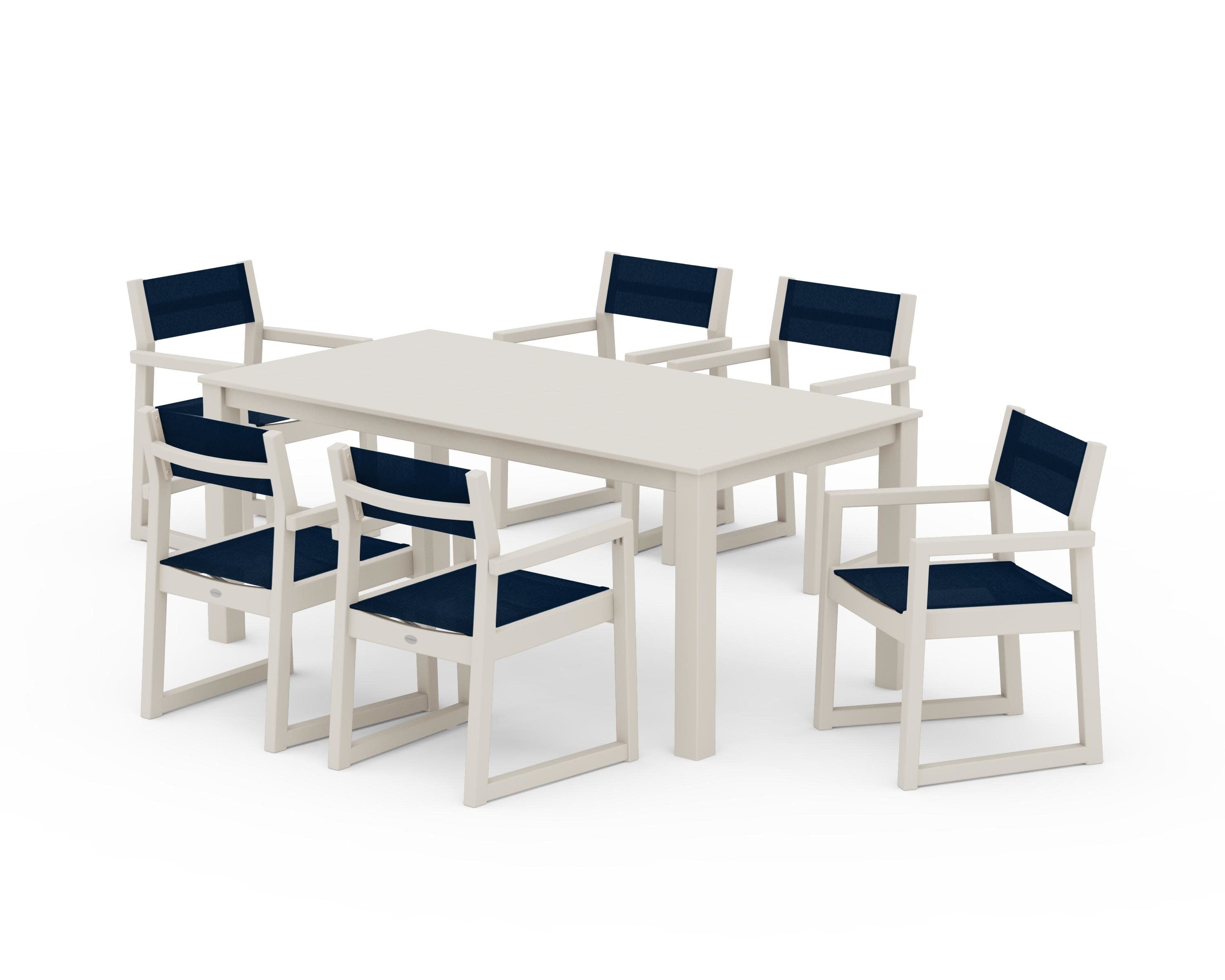 EDGE Sling Arm Chair 7-Piece Parsons Dining Set in Sand / Navy Blue Sling