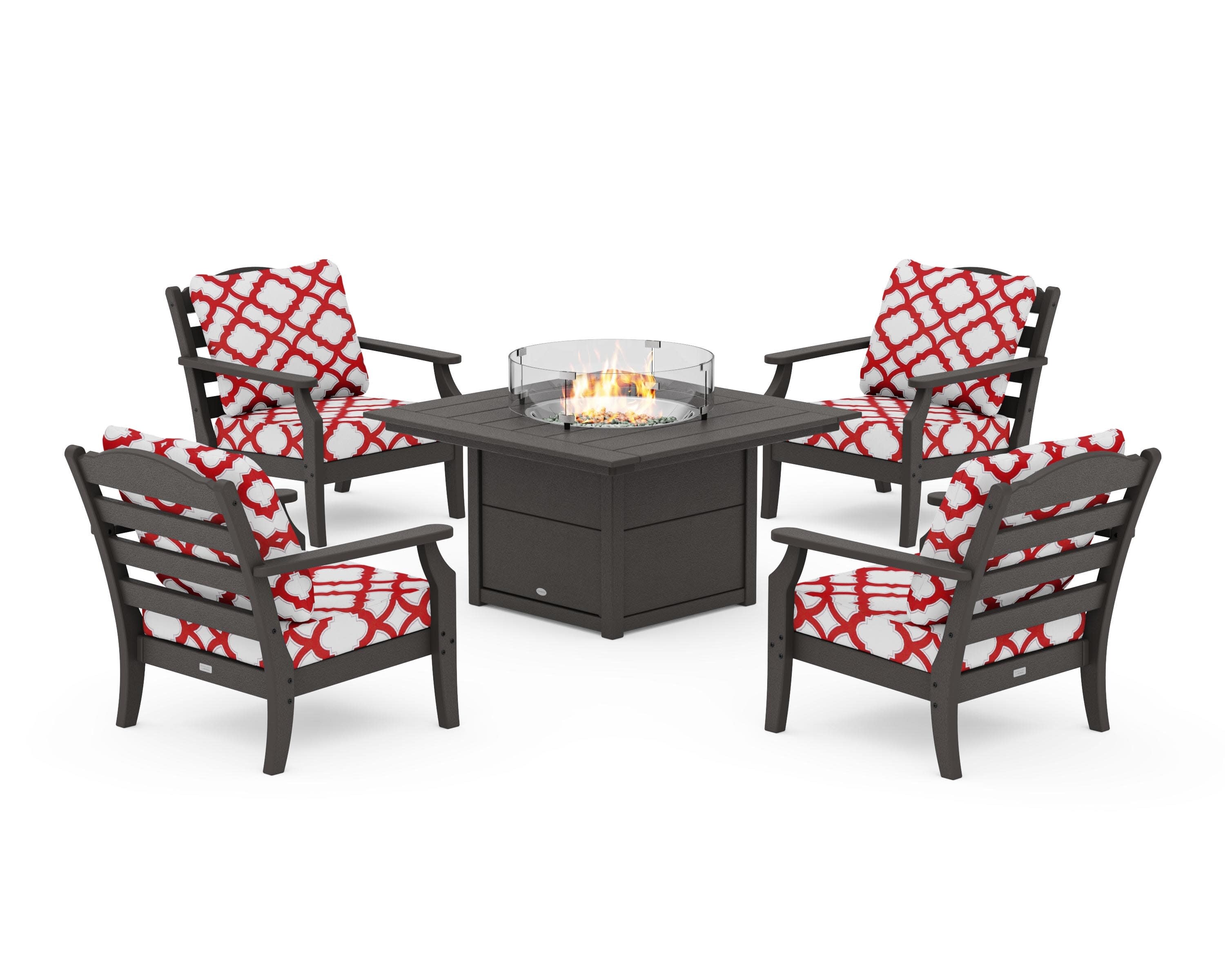 Savannah 5-Piece Deep Seating Set with Fire Pit Table in Vintage Coffee / Trellis Crimson