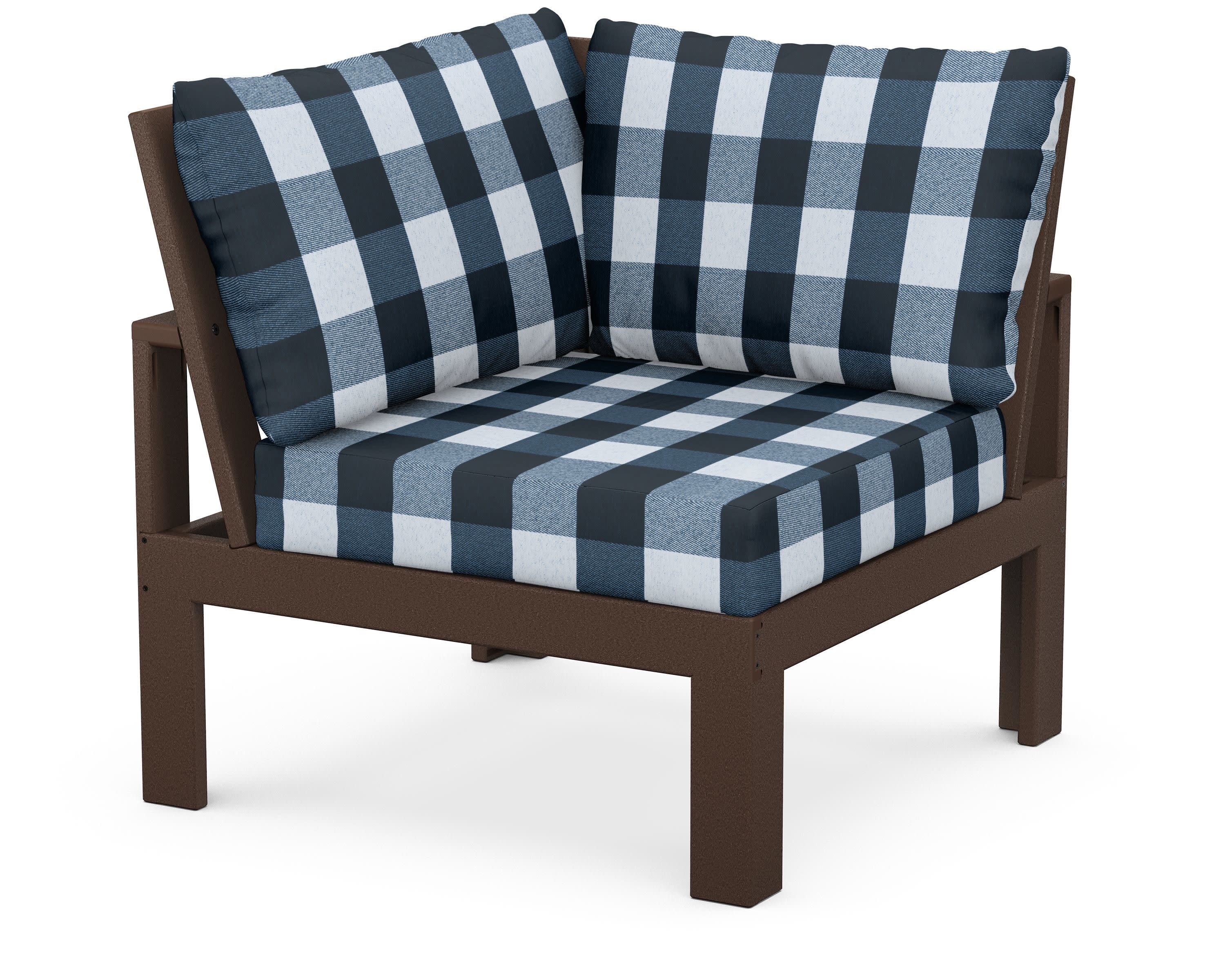 Modular Corner Chair in Mahogany / Buffalo Plaid Marine Indigo