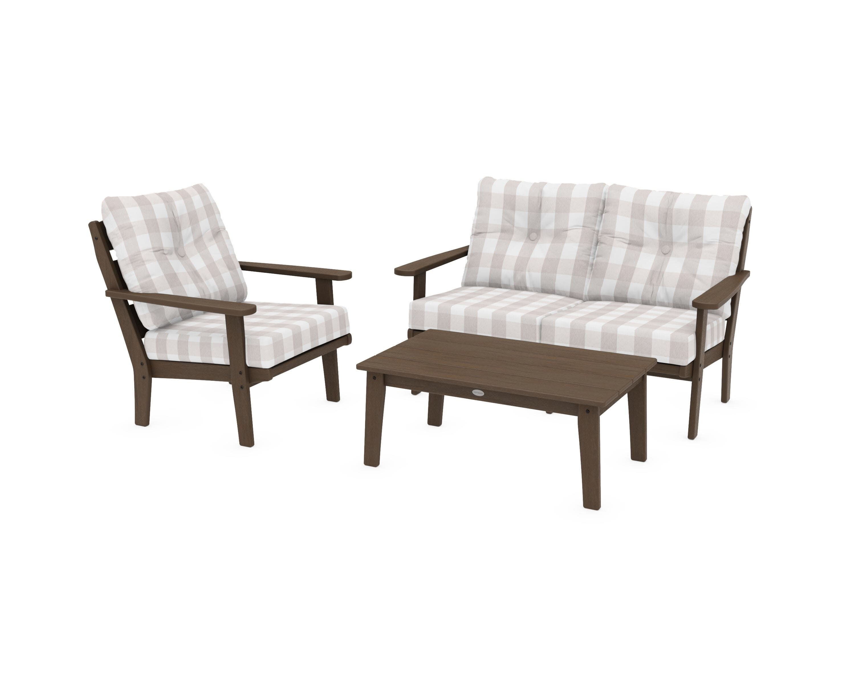 Lakeside 3-Piece Deep Seating Set in Kona / Buffalo Plaid Dune Burlap