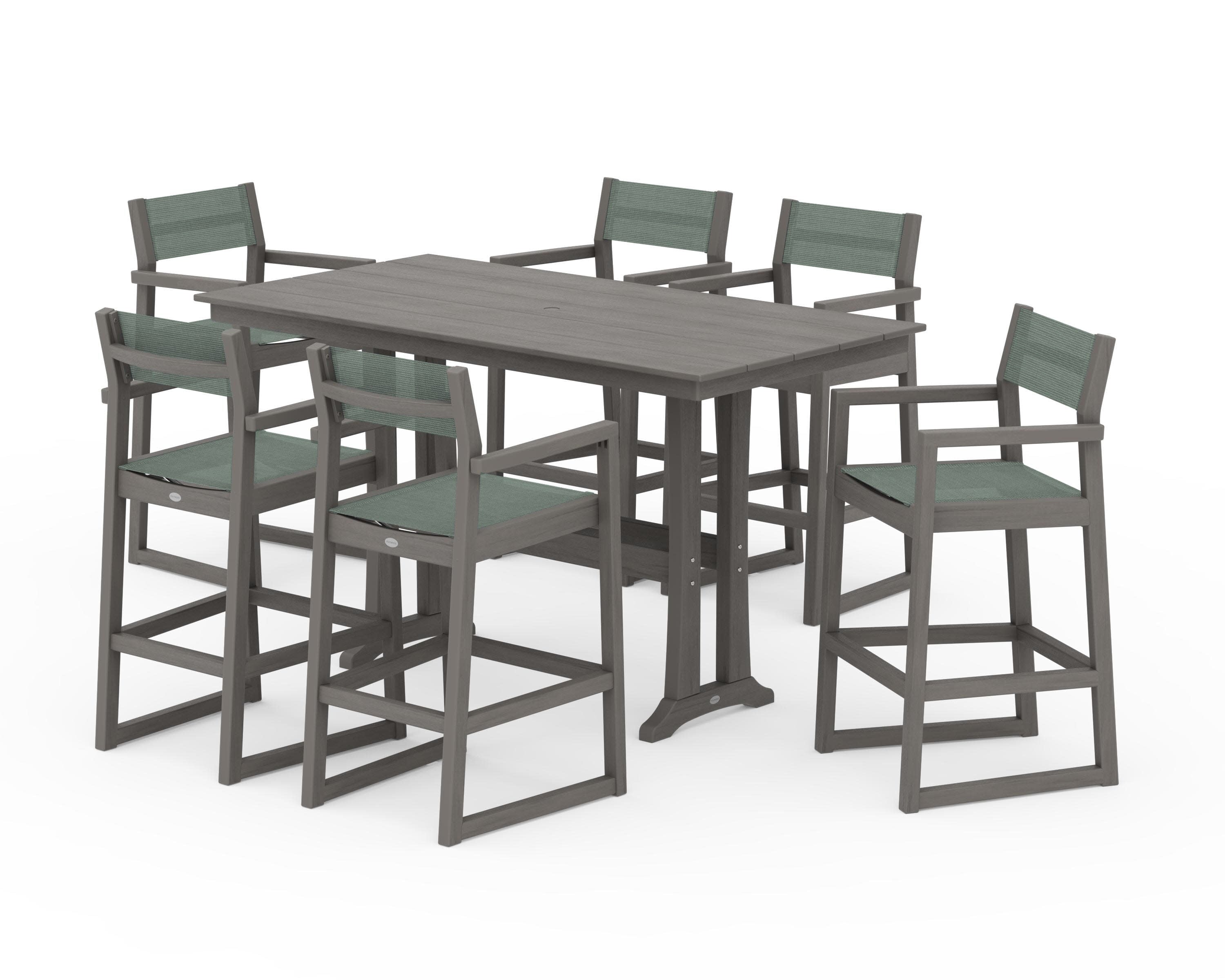 EDGE Sling Arm Chair 7-Piece Farmhouse Bar Set with Trestle Legs in Driftwood / Dupioni Sea Mist Sling