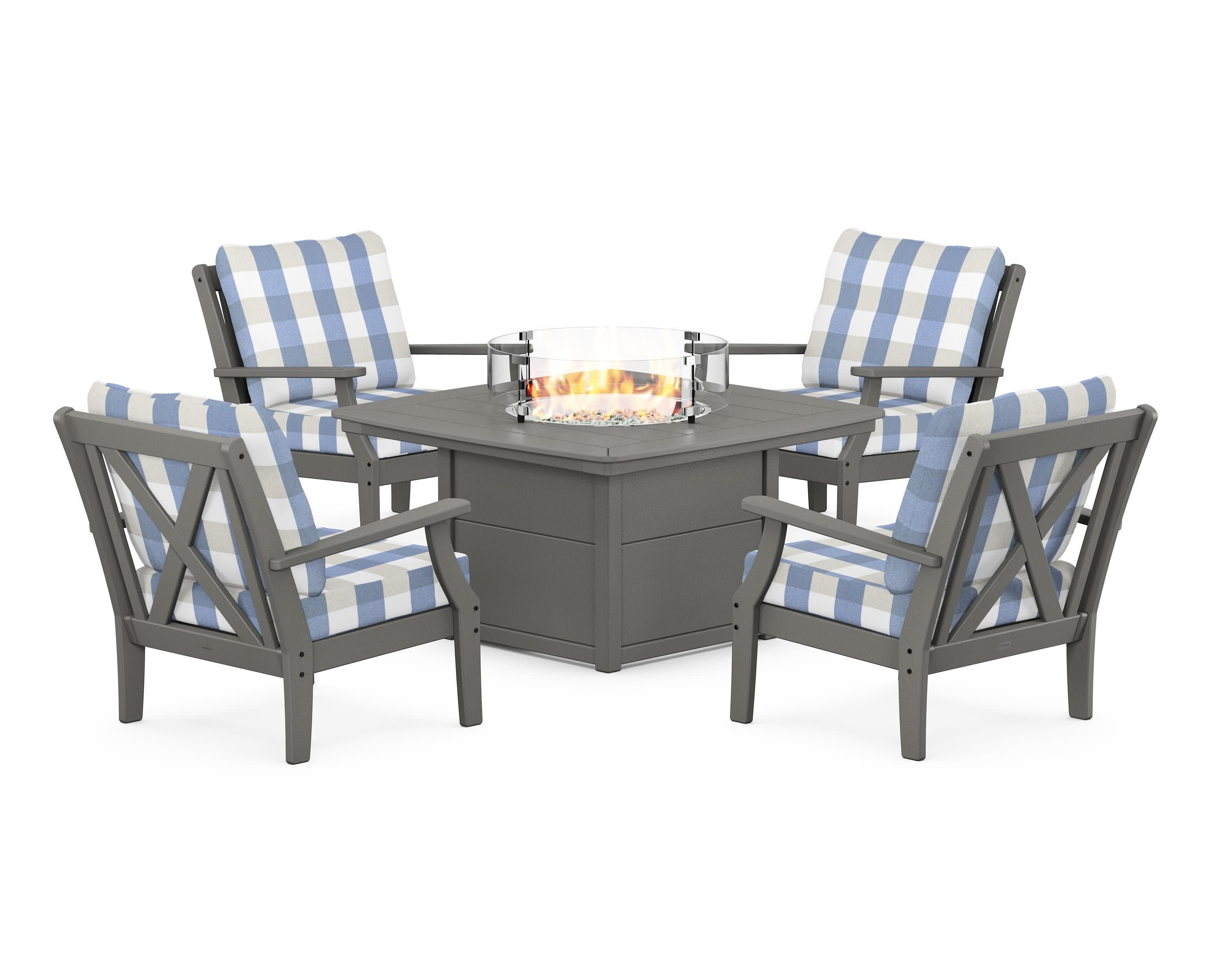 Braxton 5-Piece Deep Seating Conversation Set with Fire Pit Table in Slate Grey / Buffalo Plaid Sky Blue
