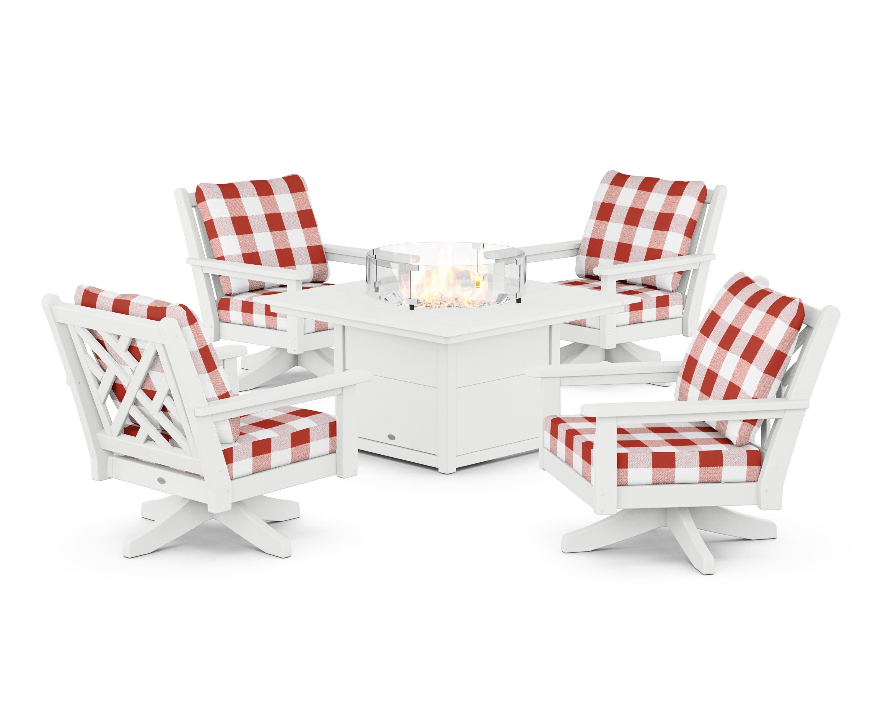 Chippendale 5-Piece Deep Seating Swivel Conversation Set with Fire Pit Table in White / Buffalo Plaid Crimson