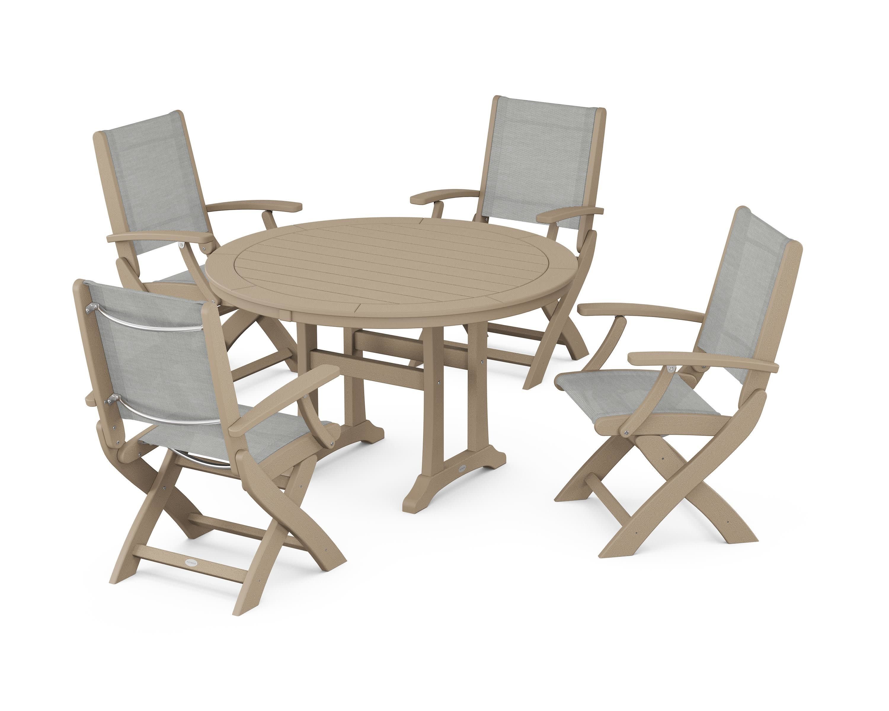 Coastal Folding Chair 5-Piece Round Dining Set with Trestle Legs in Vintage Sahara / Metallic Sling