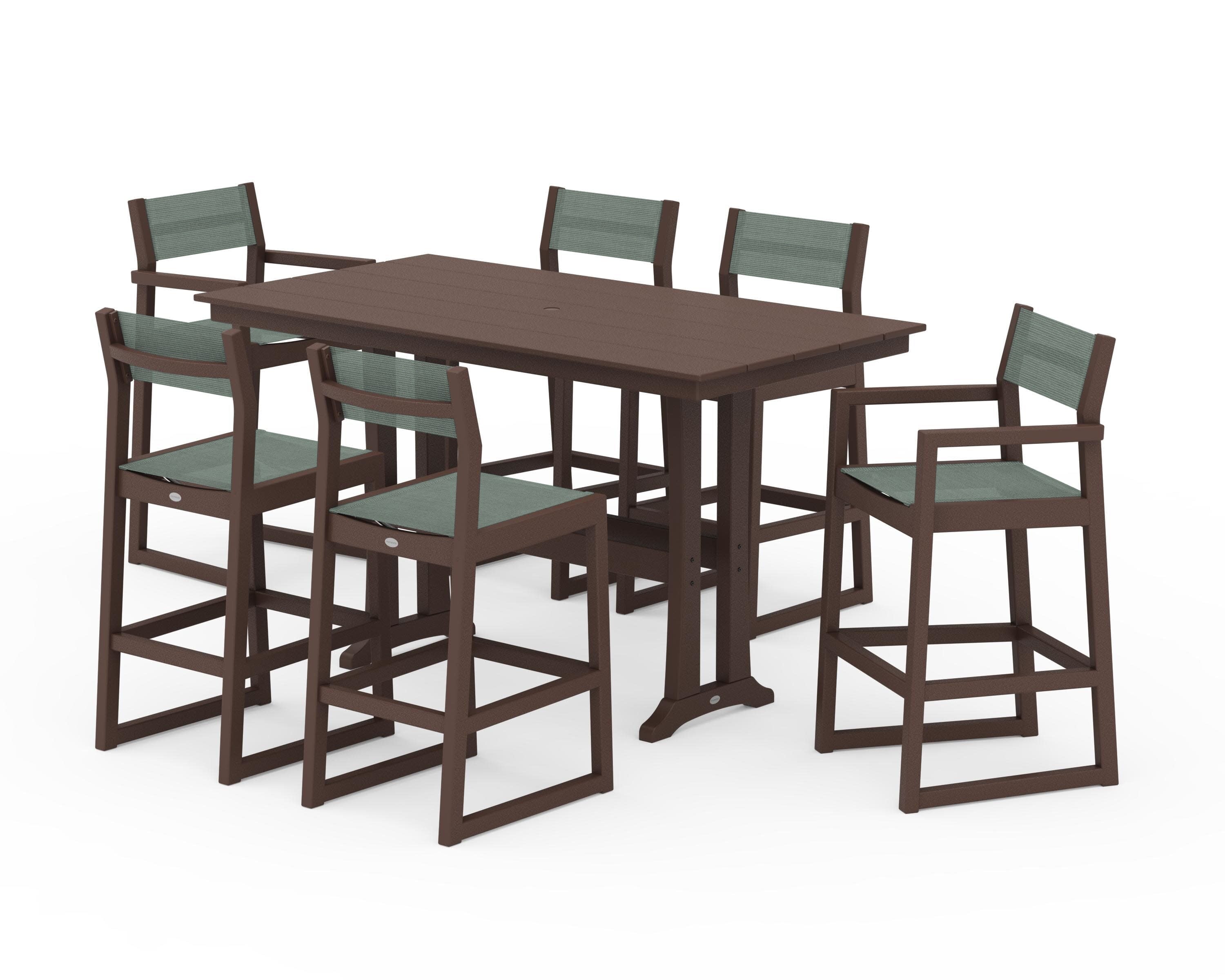 EDGE Sling 7-Piece Farmhouse Bar Set with Trestle Legs in Mahogany / Dupioni Sea Mist Sling
