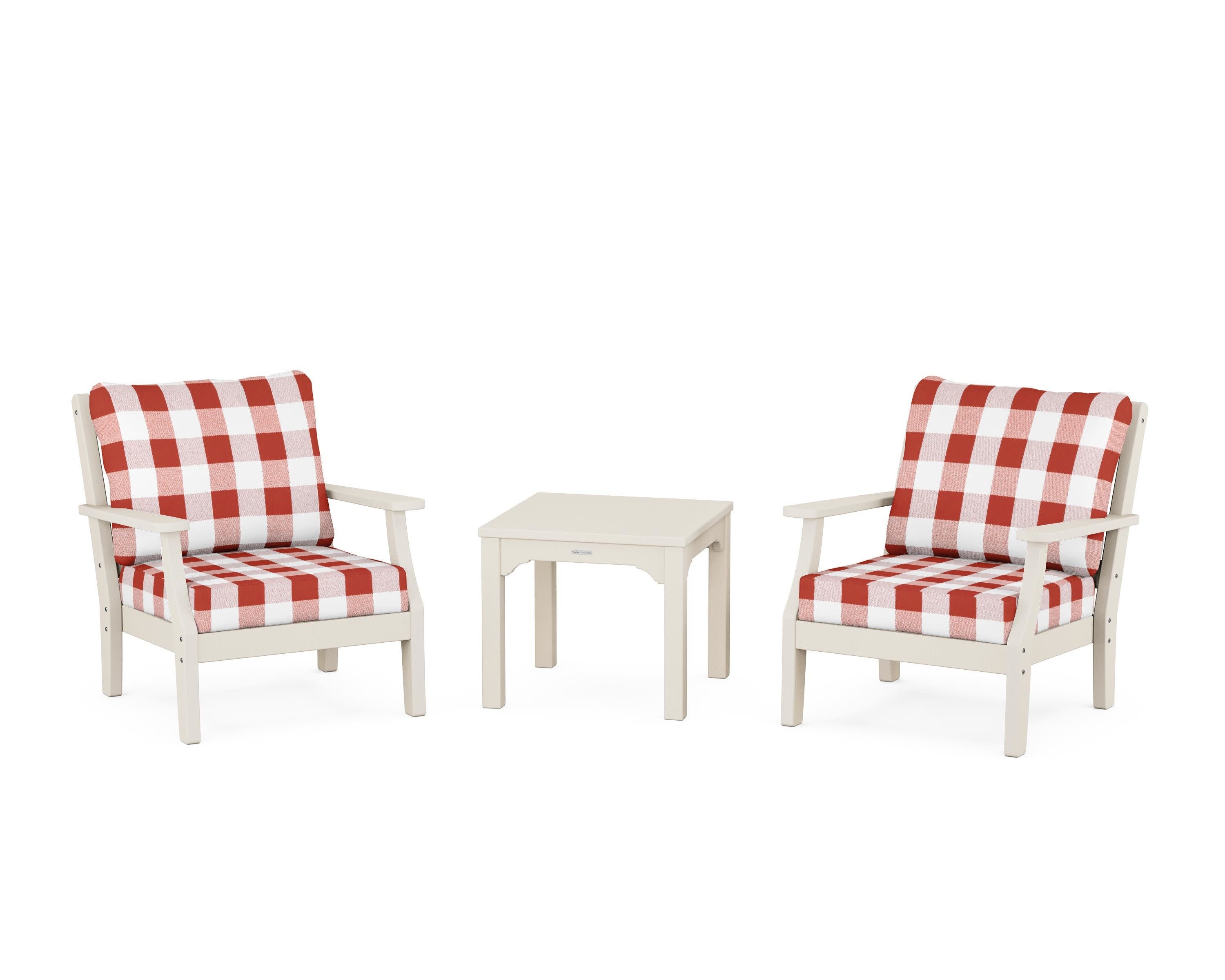 Chinoiserie 3-Piece Deep Seating Set in Sand / Buffalo Plaid Crimson