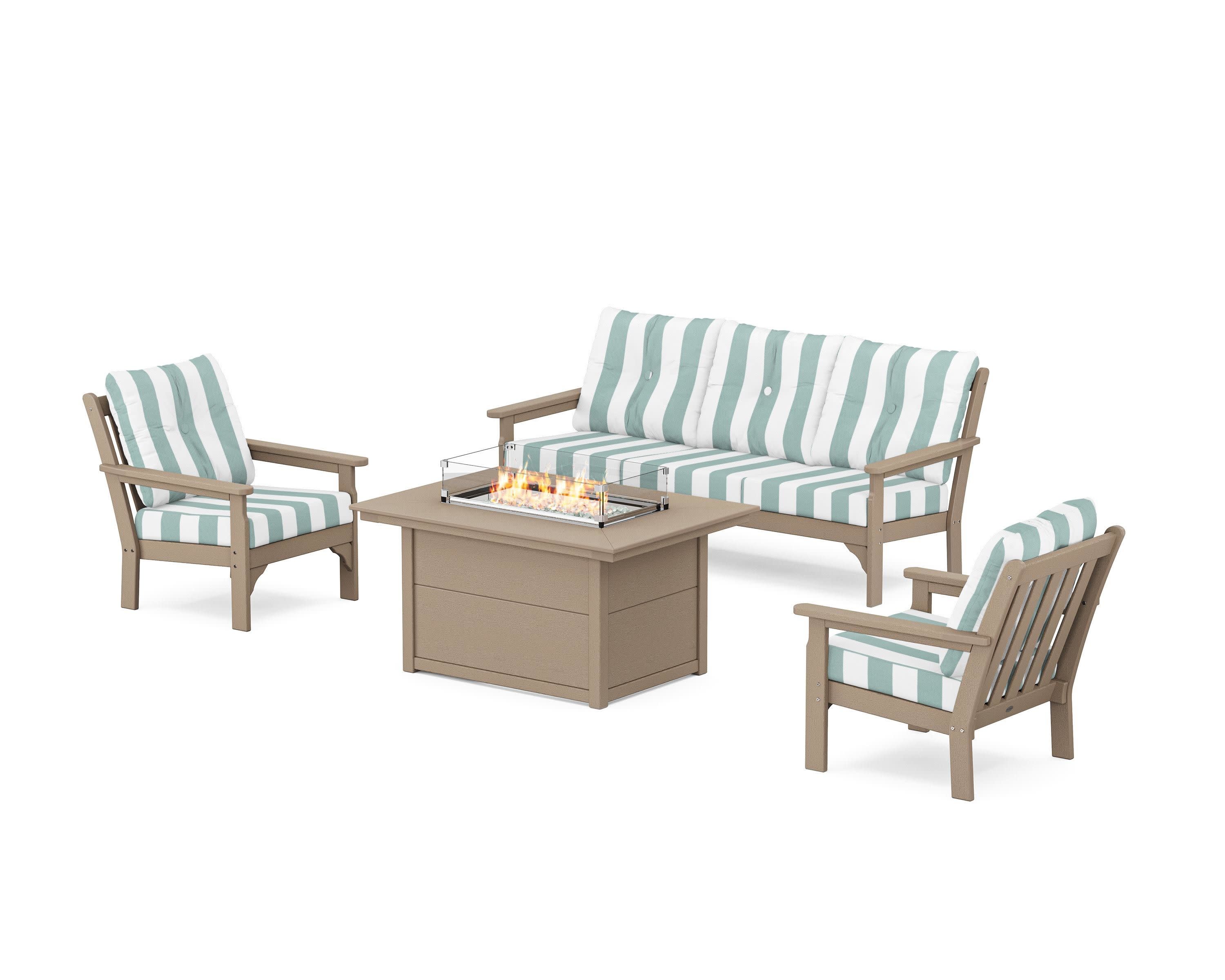 Vineyard Deep Seating Fire Pit Table Set in Vintage Sahara / Cabana Stripe Glacier Spa