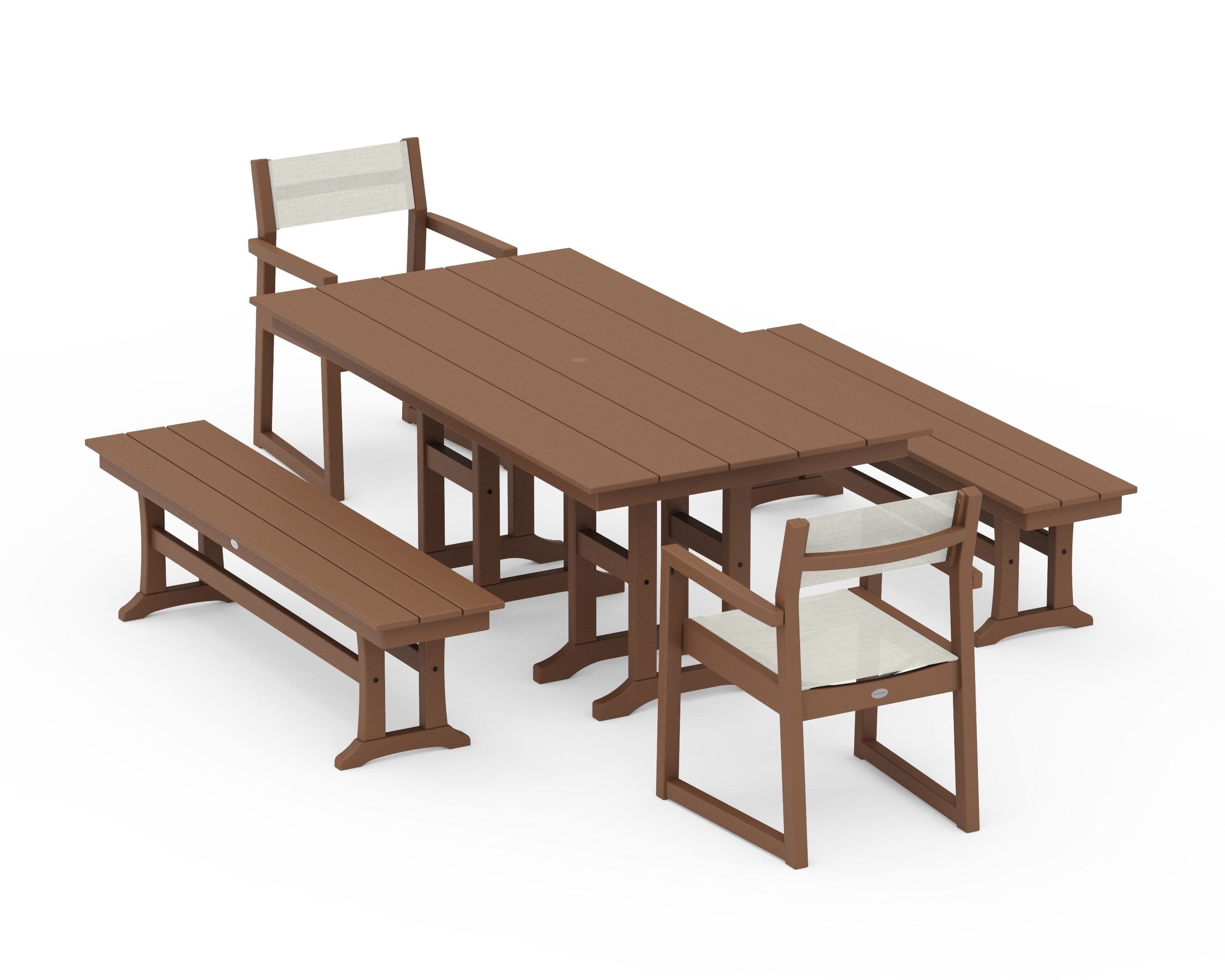 EDGE Sling Arm Chair 5-Piece Farmhouse Dining Set with Benches in Teak / Parchment Sling