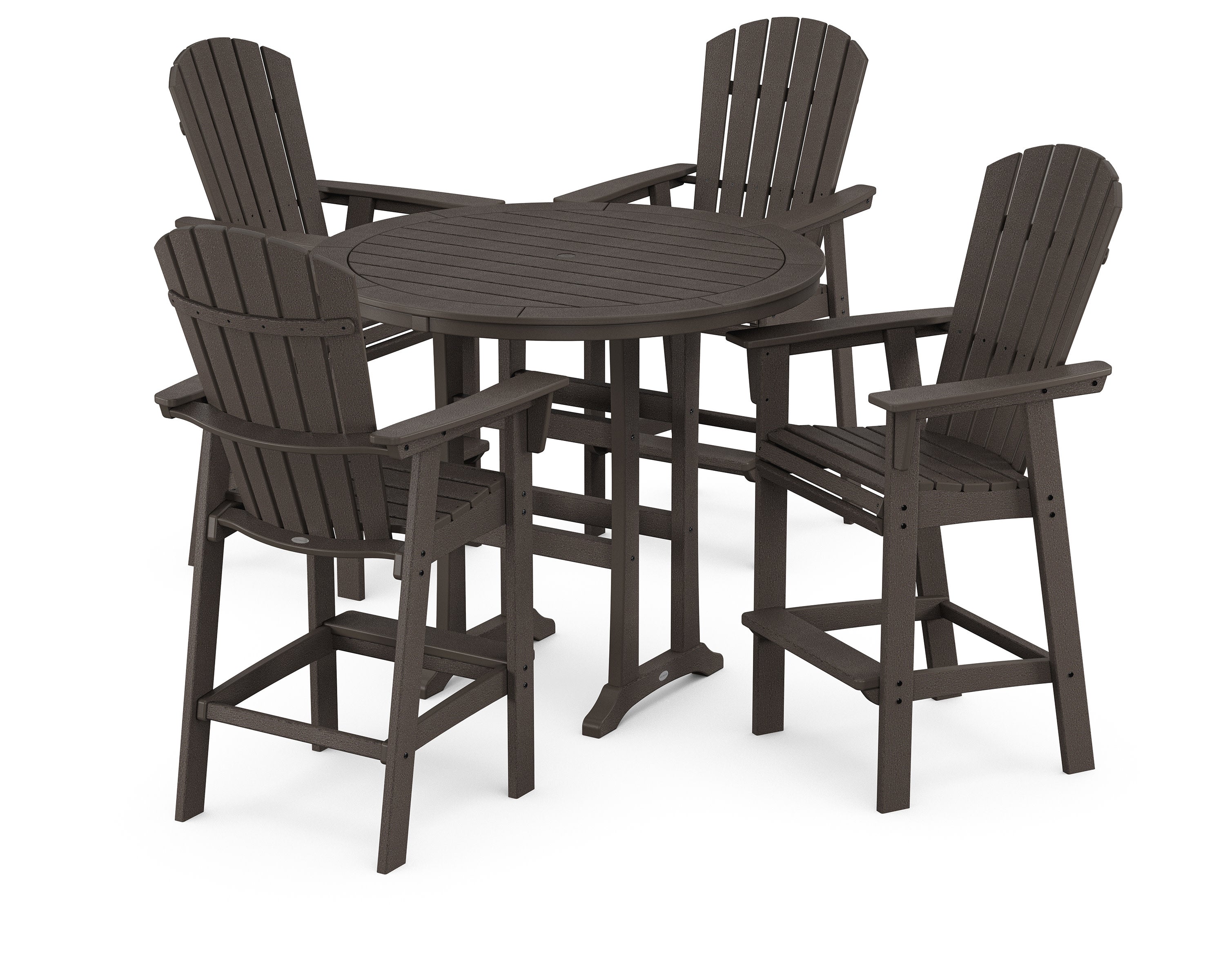 Nautical Curveback Adirondack 5-Piece Round Trestle Bar Set in Vintage Coffee