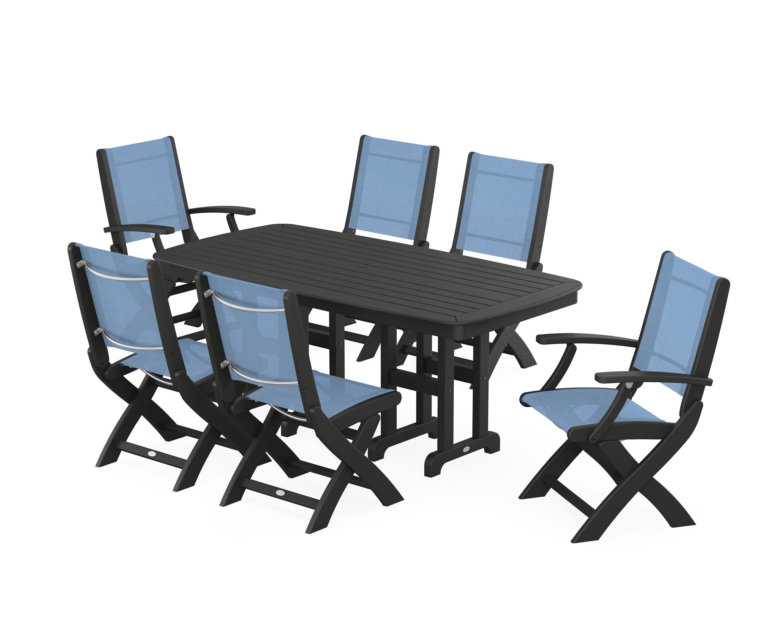 Coastal Folding Chair 7-Piece Dining Set in Black / Poolside Sling