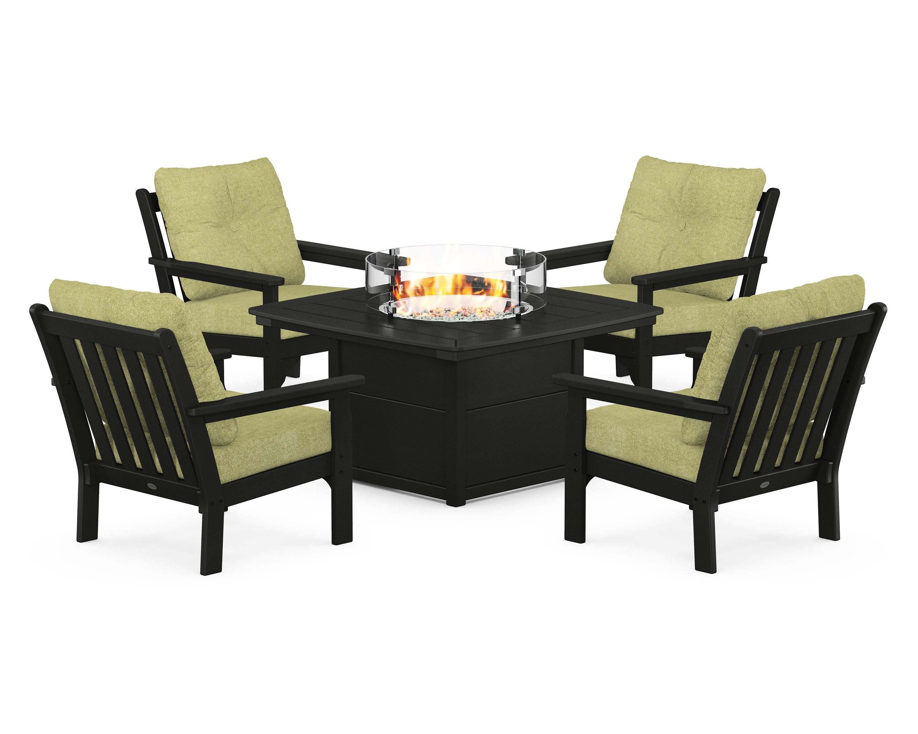Vineyard 5-Piece Conversation Set with Fire Pit Table in Black / Chartreuse Boucle