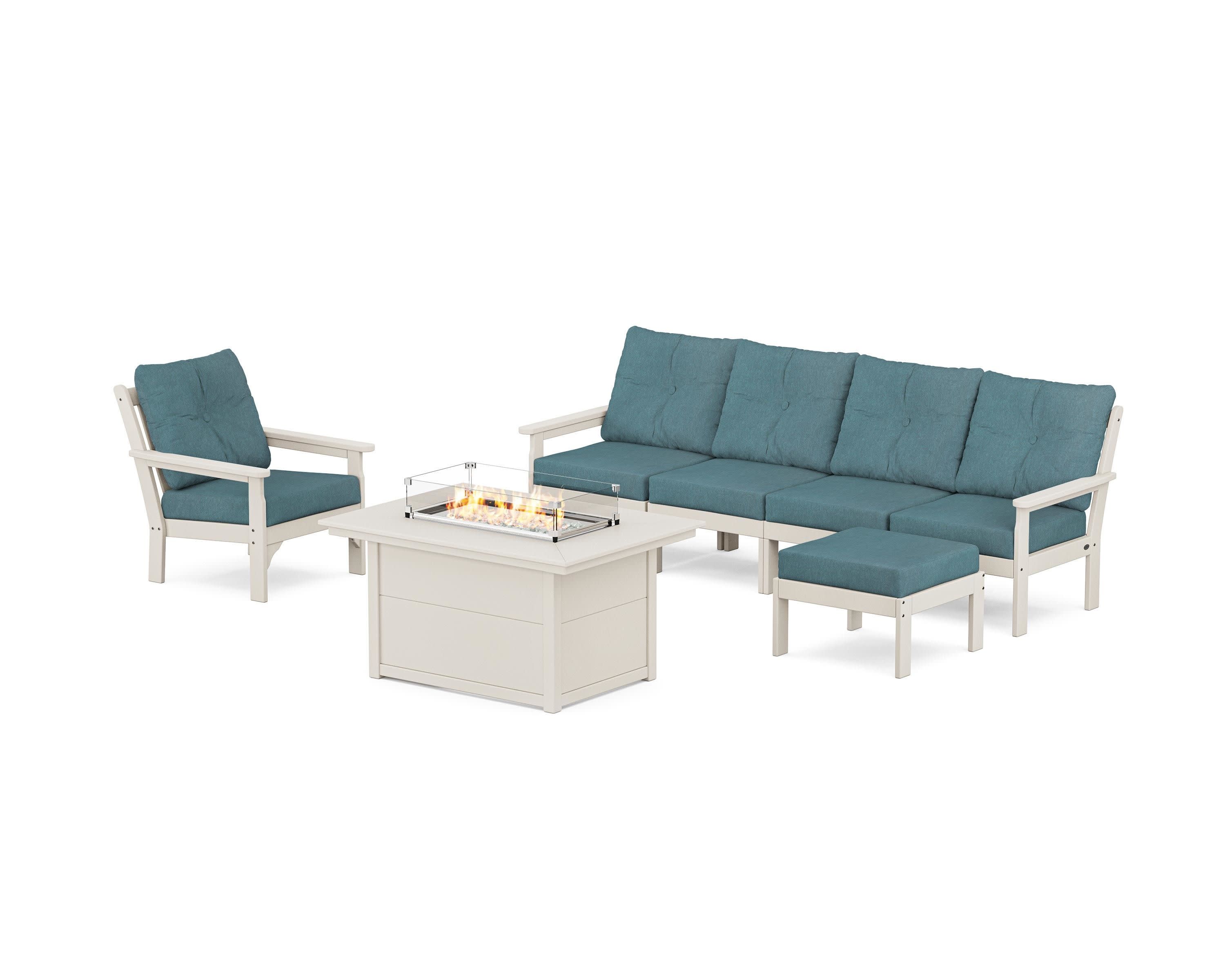 Vineyard Sectional Lounge and Fire Pit Set in Sand / Ocean Teal