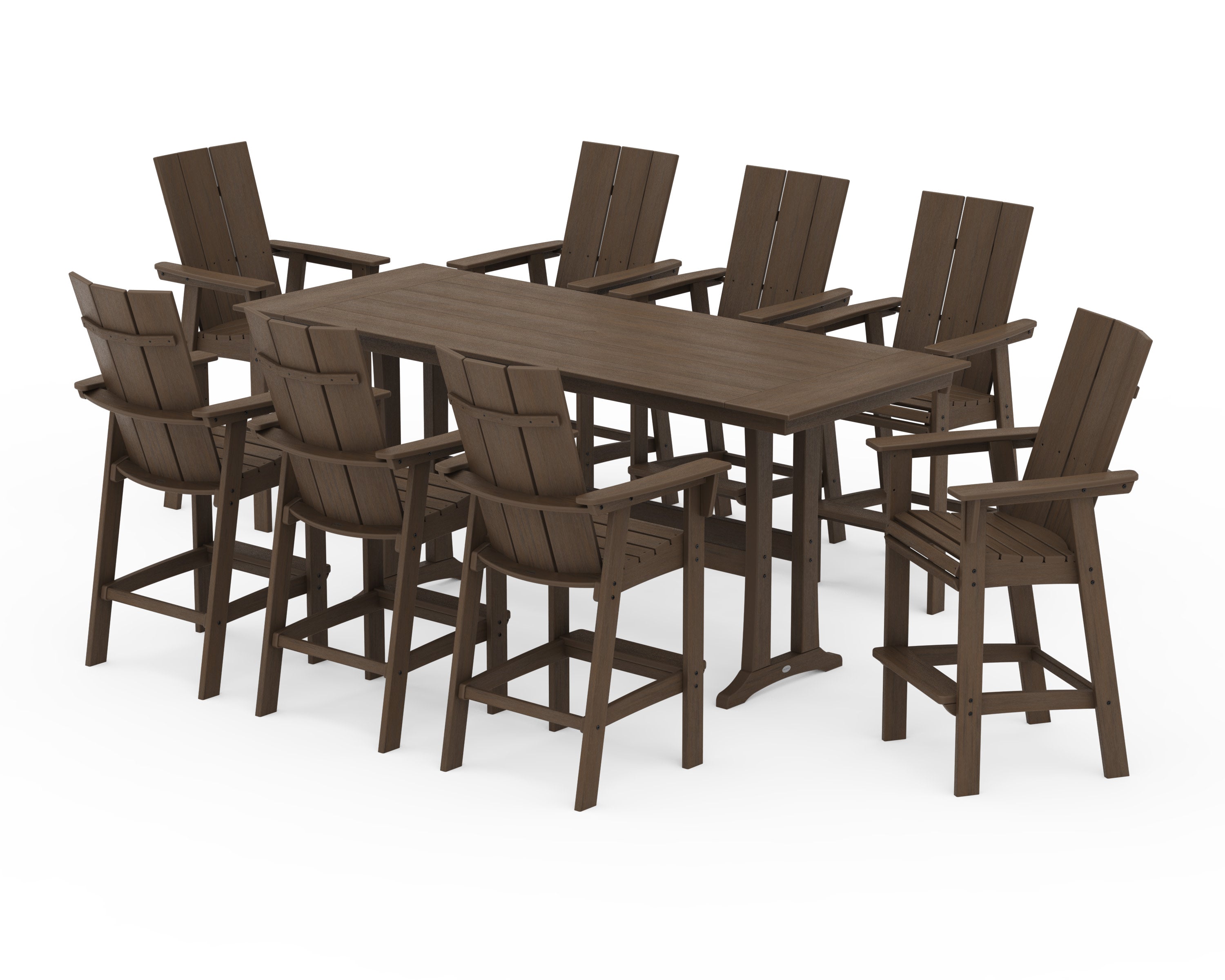 Modern Curveback Adirondack 9-Piece Farmhouse Bar Set with Trestle Legs in Kona