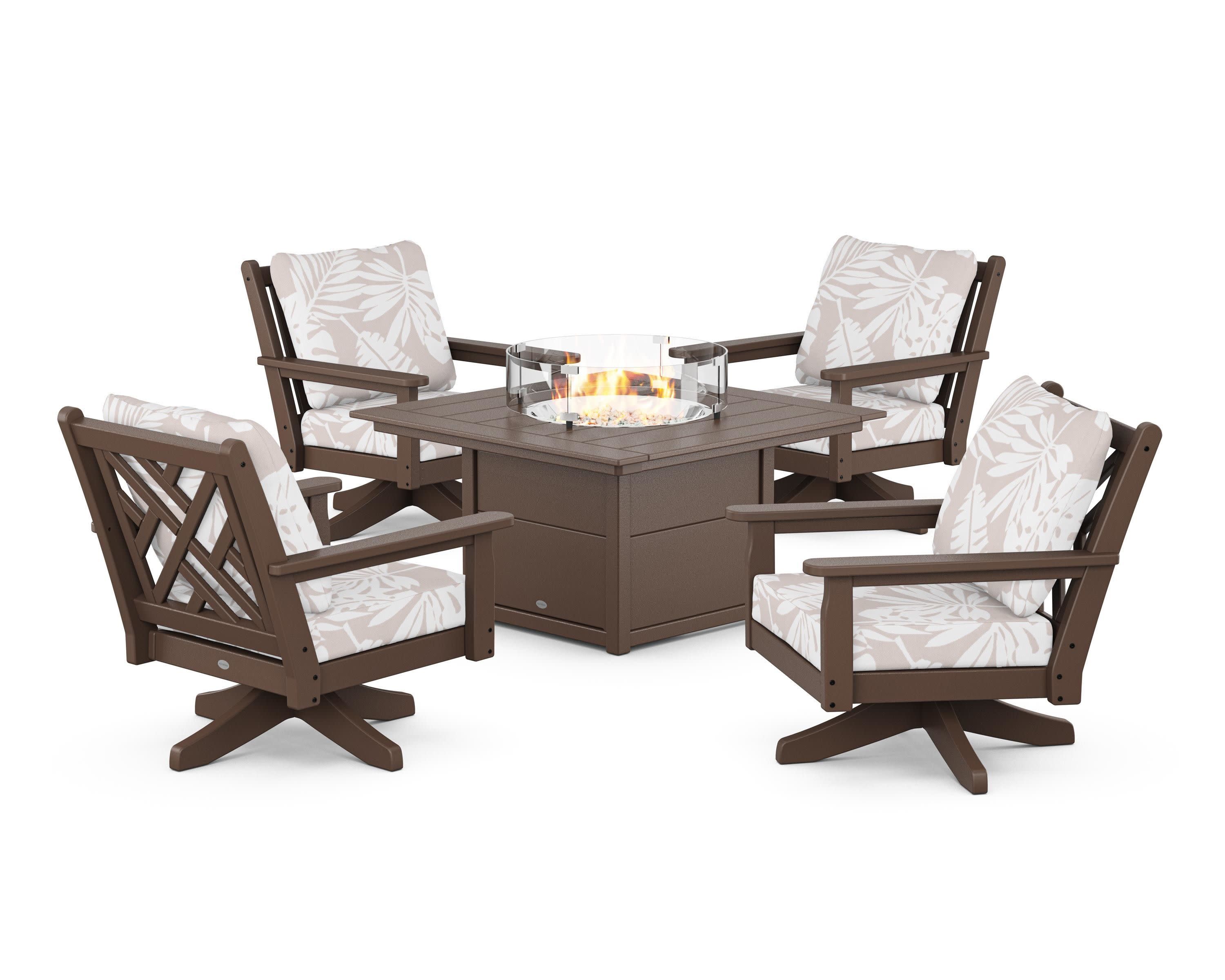 Chippendale 5-Piece Deep Seating Swivel Conversation Set with Fire Pit Table in Mahogany / Leaf Dune Burlap