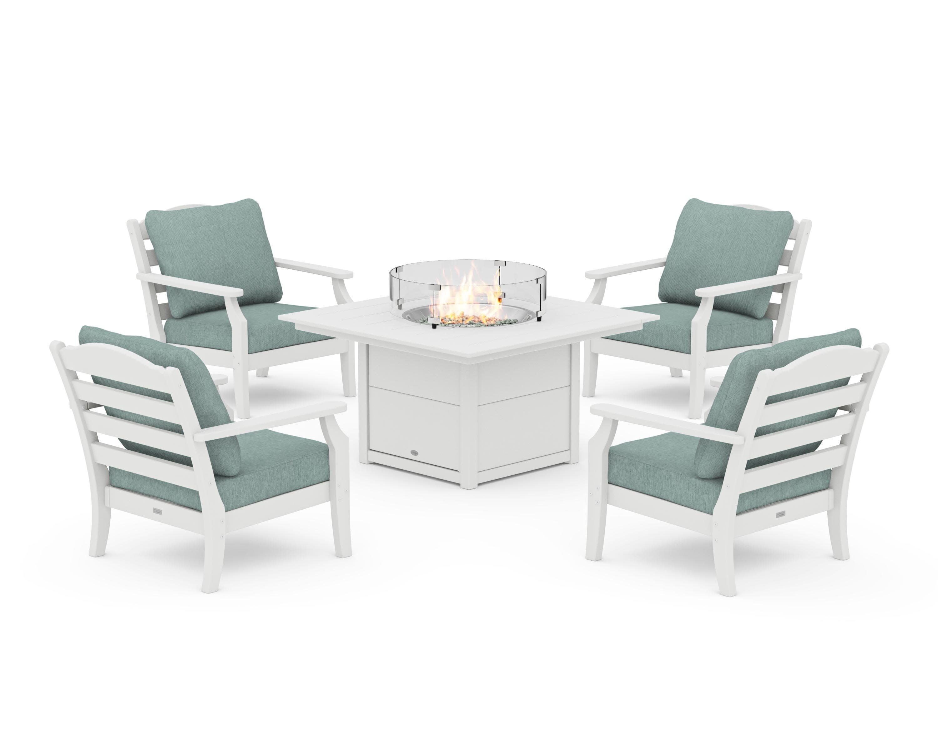 Savannah 5-Piece Deep Seating Set with Fire Pit Table in White / Glacier Spa