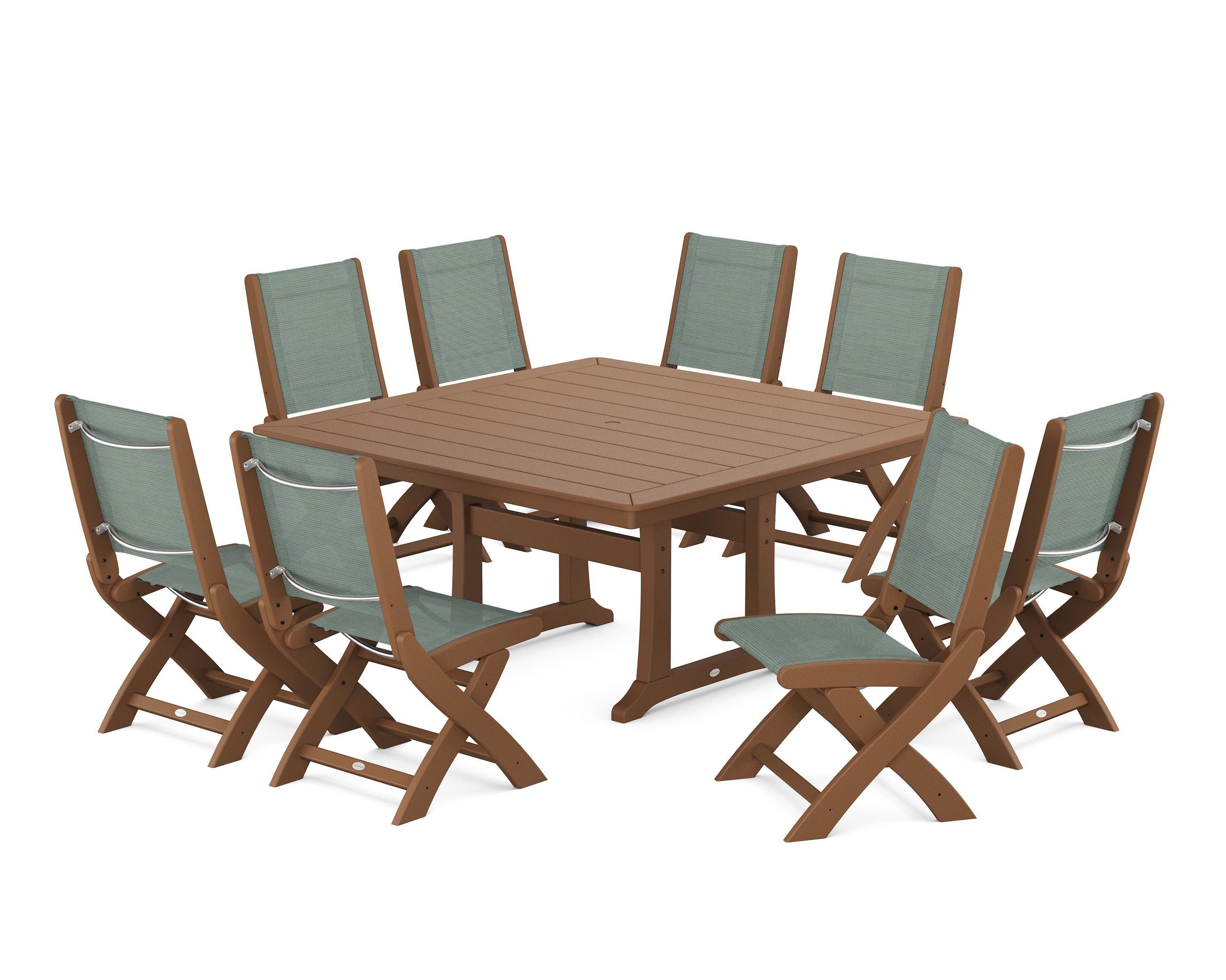 Coastal Folding Side Chair 9-Piece Dining Set with Trestle Legs in Teak / Dupioni Sea Mist Sling