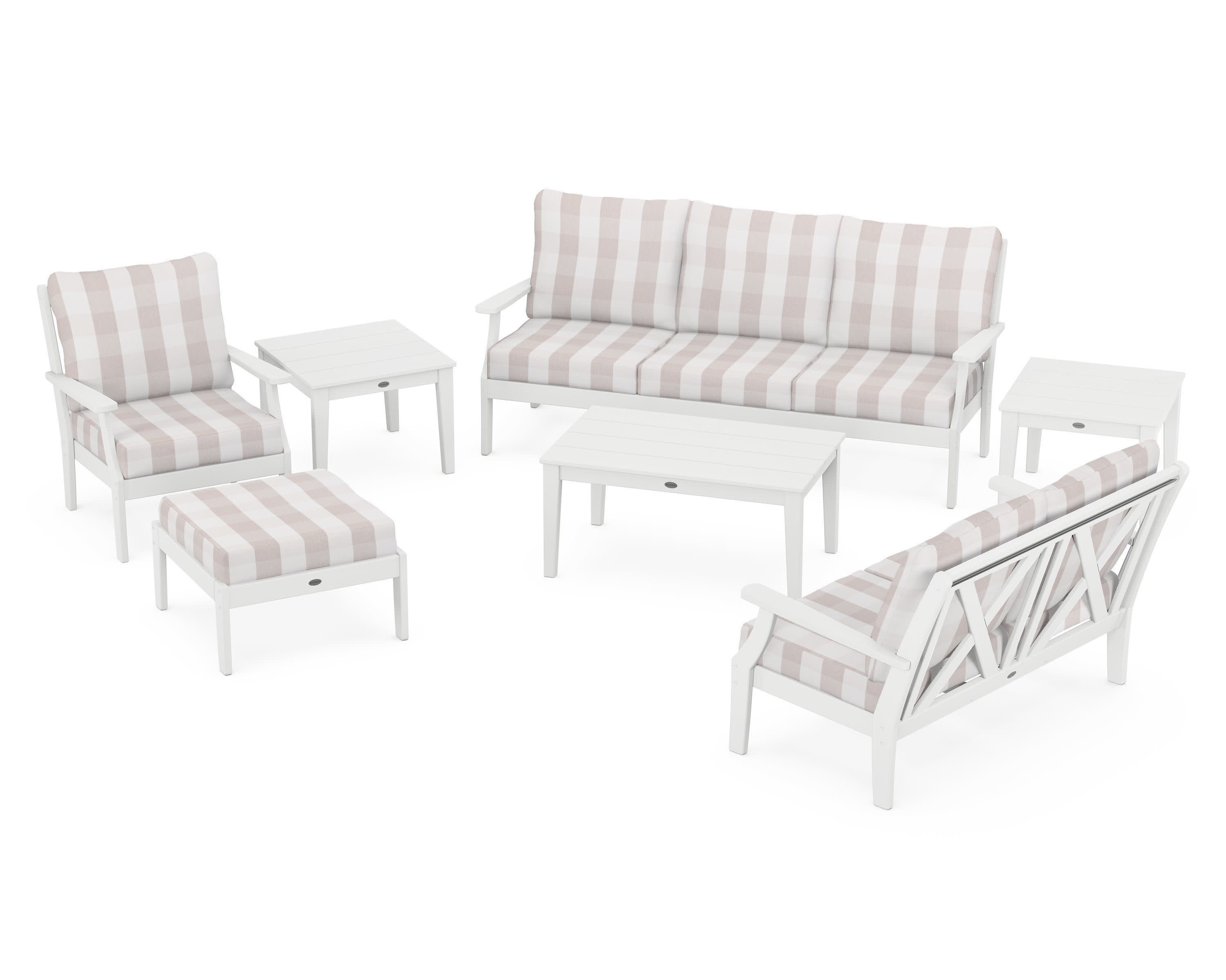 Braxton 7-Piece Deep Seating Set in White / Buffalo Plaid Dune Burlap