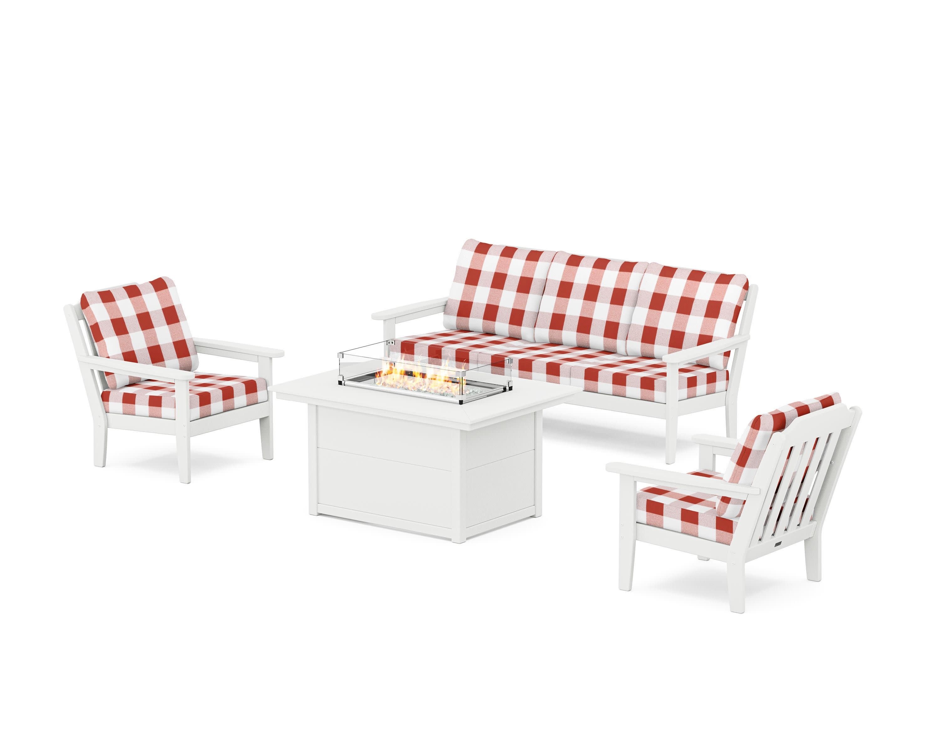 Cottage Deep Seating Fire Pit Table Set in White / Buffalo Plaid Crimson