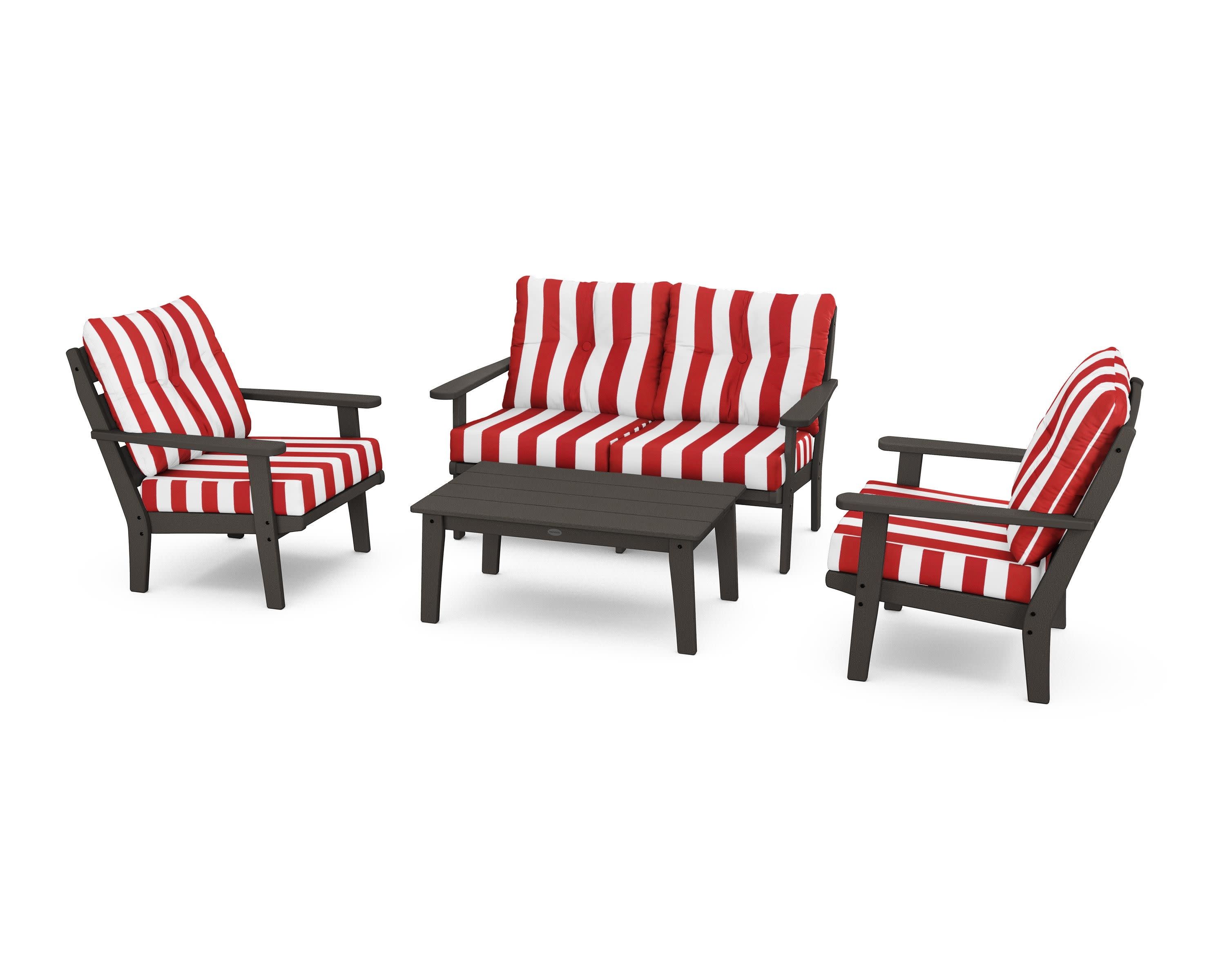 Lakeside 4-Piece Deep Seating Set in Vintage Coffee / Cabana Stripe Crimson