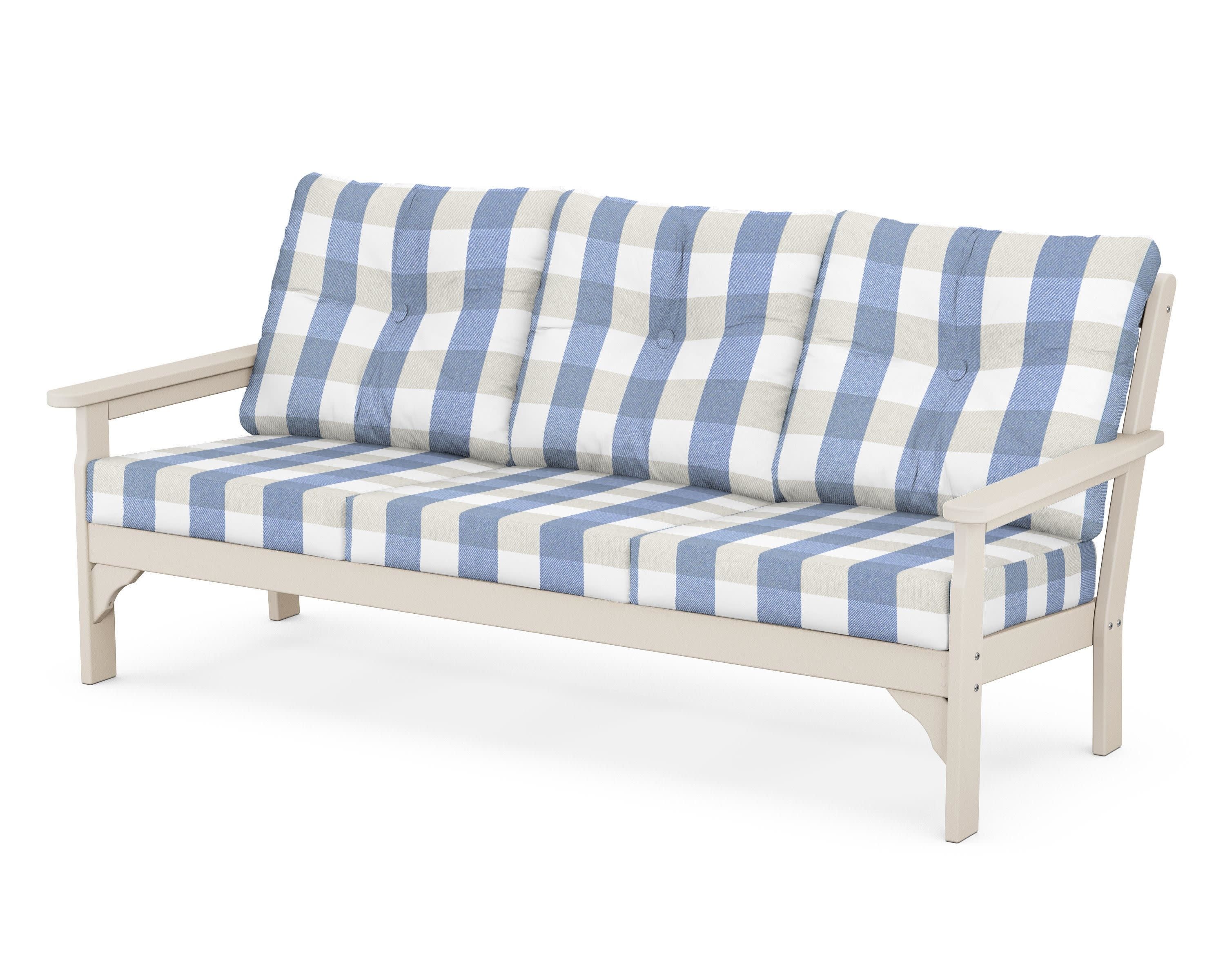 Vineyard Deep Seating Sofa in Sand / Buffalo Plaid Sky Blue